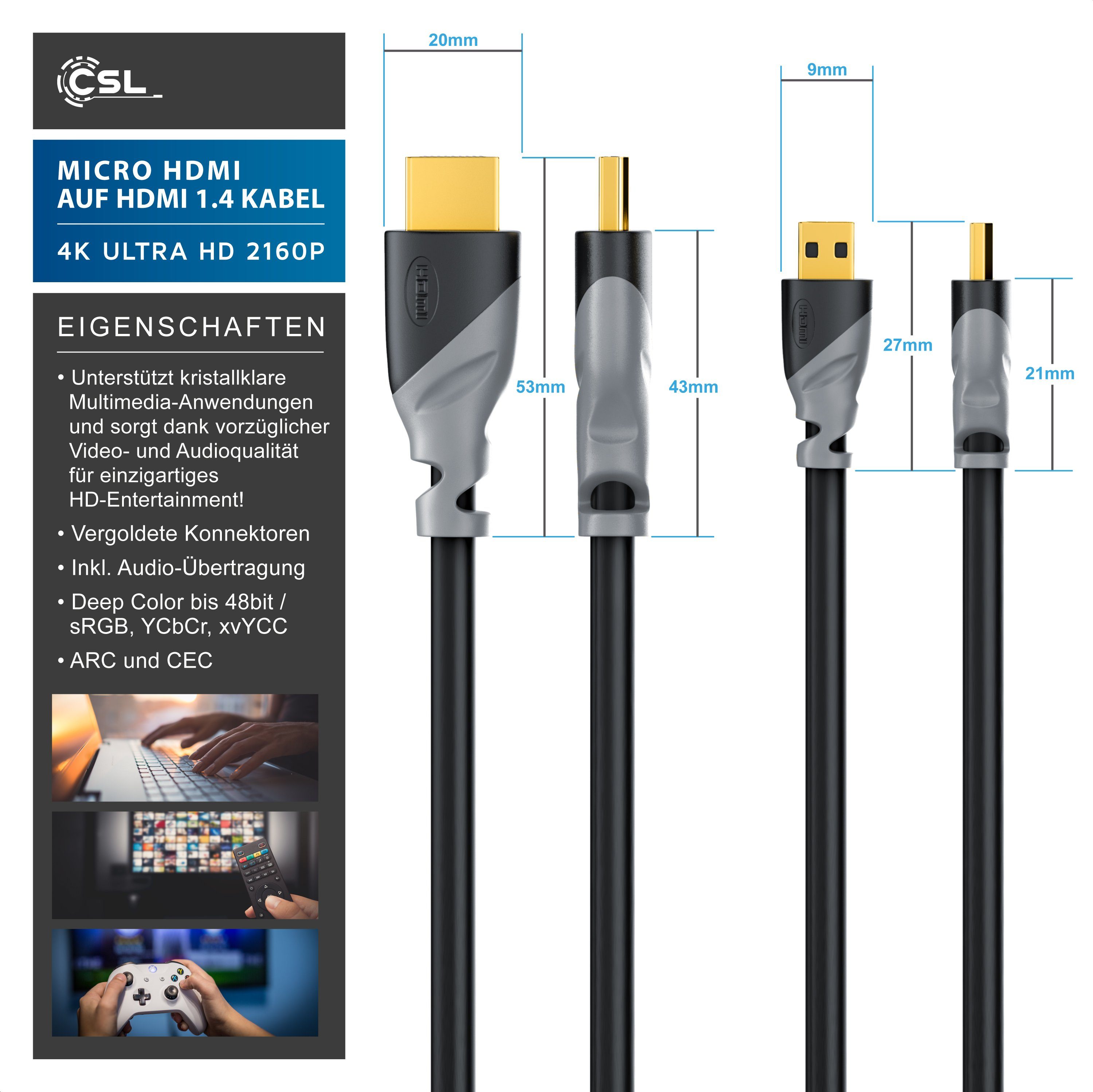 CSL HDMI-Kabel, 2.0, HDMI Typ D (Micro), HDMI Typ A (300 cm), 4K mit Ethernet, Ultra HD Auflösung 2160p (3840 × 2160 Pixel) - 3m