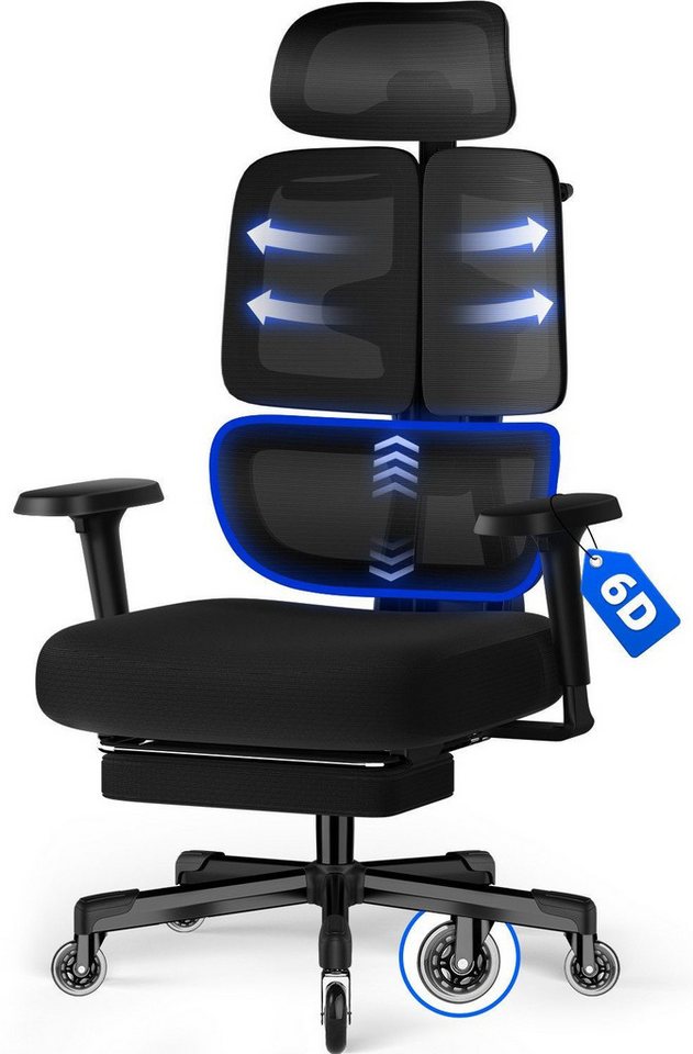 Hiazurm Bürostuhl Bürostuhl, Chefsessel, ergonomischer Schreibtischstuhl, atmungsaktiv (3-stufig arretierbare Rückenlehne, adaptives Rückenlehnendesign, dynamische, selbsteinstellende 20°-Lendenwirbelstütze, verstellbare 3D-Kopfstütze, 6D-Multifunktionsarmlehnen), Atmungsaktiver Netzbezug,Bis 200 kg