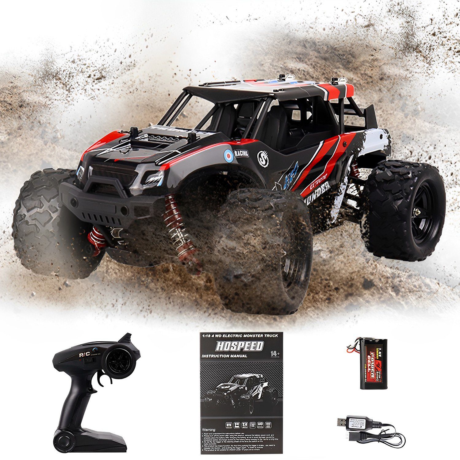 Kpaloft RC-Auto Ferngesteuertes Auto, 1:18 4WD Monster Truck (30 km/h Ferngesteuerte Fahrzeuge, 2.4 GHz RC Spielfahrzeuge, RC Offroader, Elektrofahrzeug mit 7,4 V Batterie), für Kinder und Erwachsene