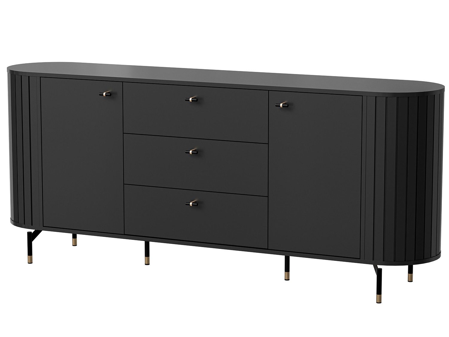 Beautysofa Kommode ZALIA mit 2 Türen und 3 Schubladen (Retro-Design, geriffelte Seiten, Metallbeine mit Goldakzenten), Cashmere oder Schwarz