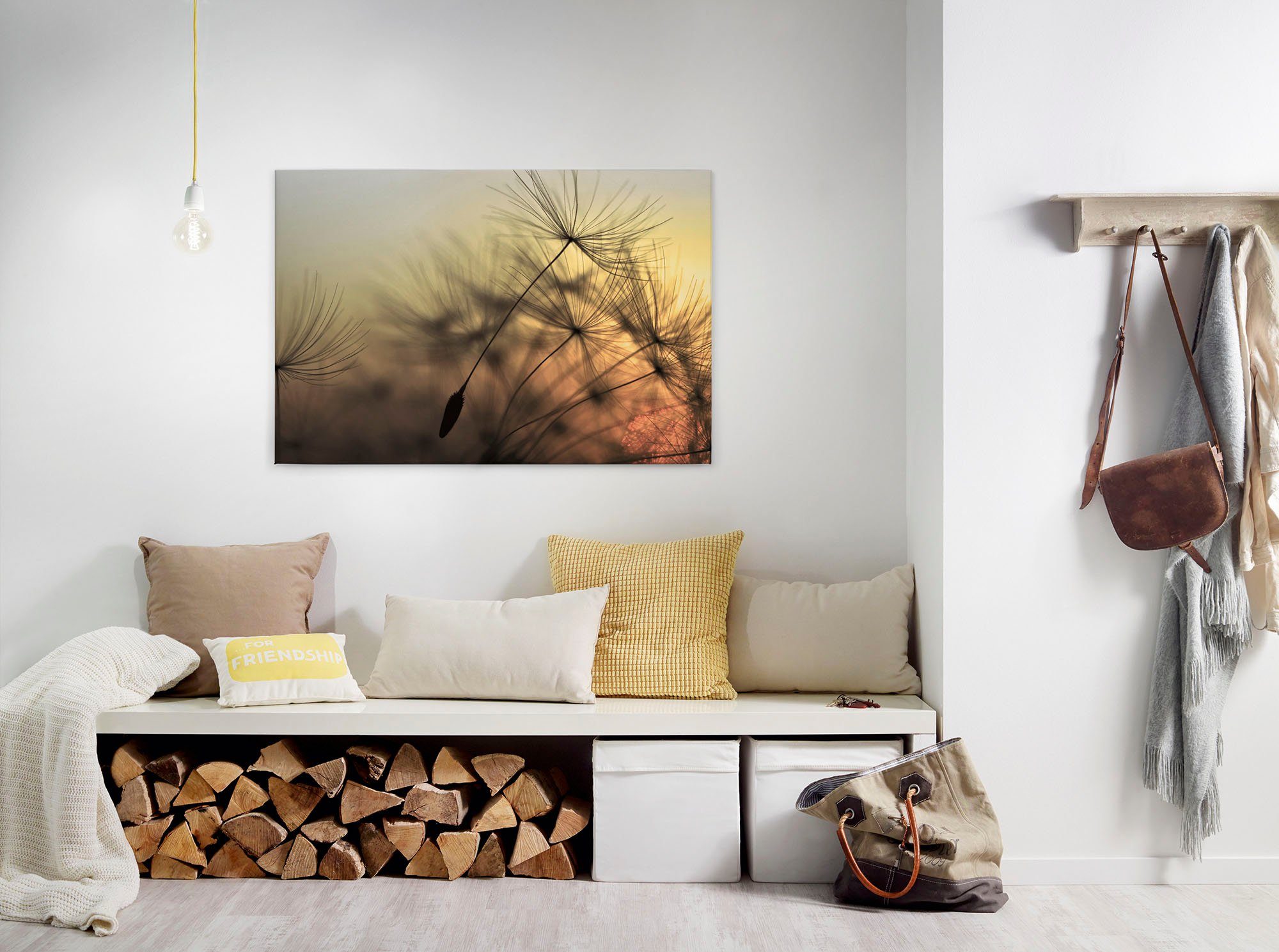 A.S. Création Leinwandbild Flying Dandelion, Gemälde, Kinder, Kunst (1 St), Pusteblume Keilrahmen Leinwand-Bild Wohnzimmer modern Wandbild Kinder