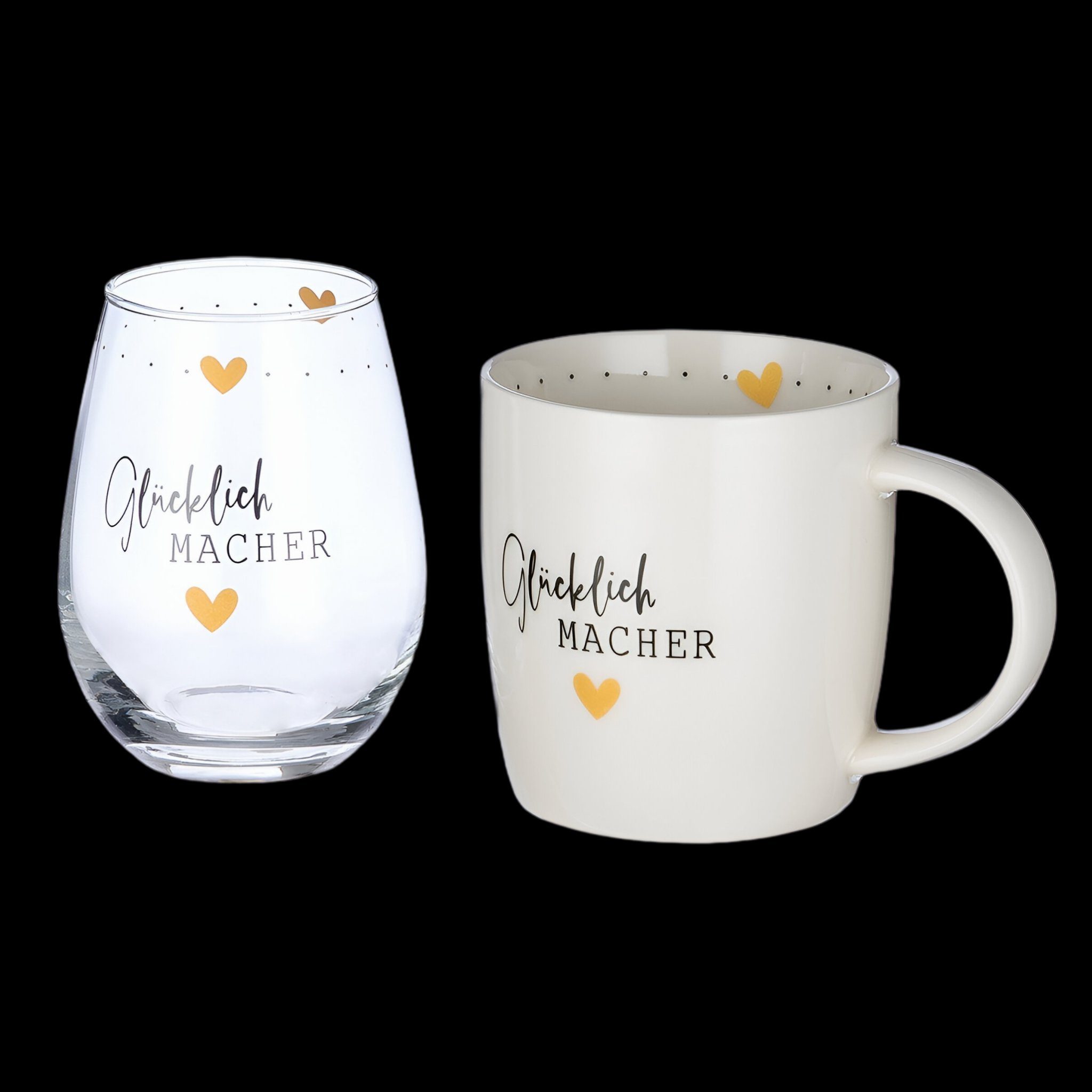 GILDE Geschirr-Set Porzellan/Glas 2er Set Glücklich Macher (2-tlg), Porzellan & Glas, Charmante Geschenkidee - spülmaschinengeeignet