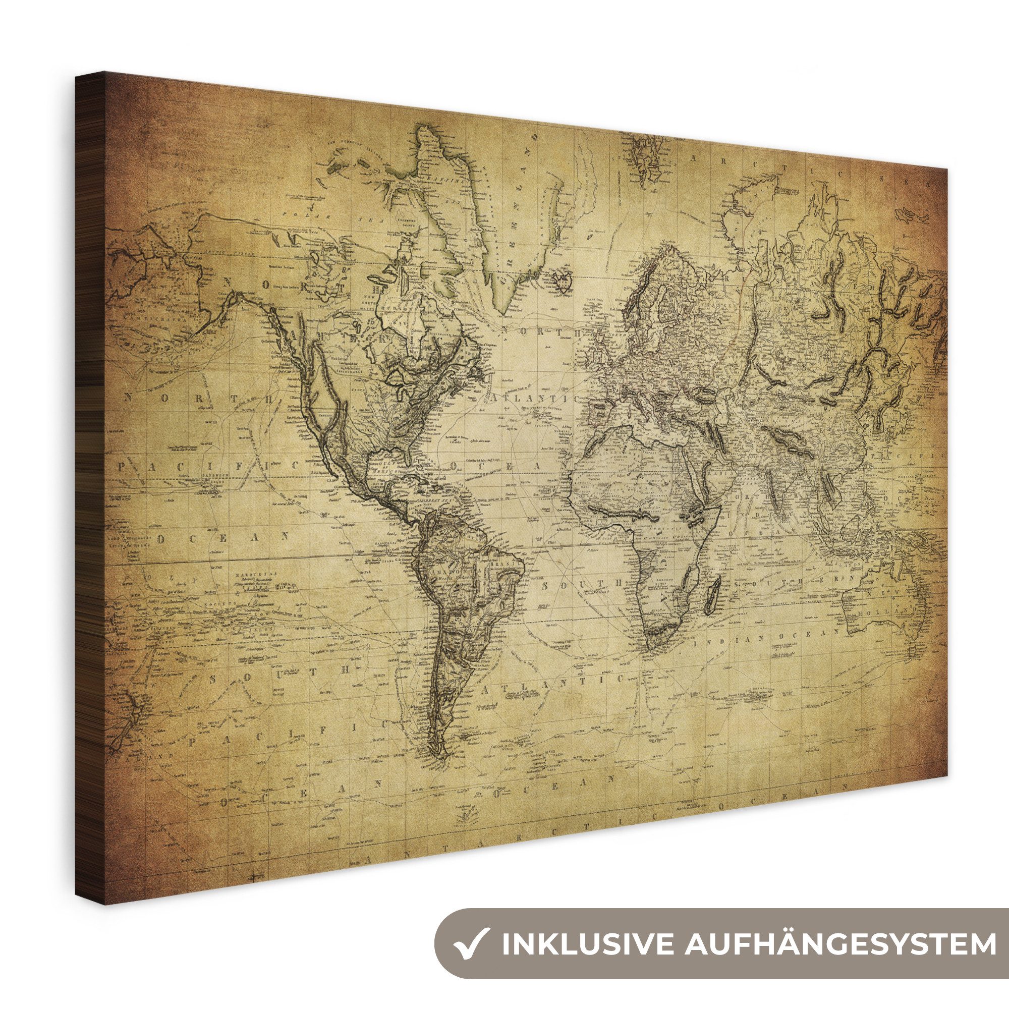 OneMillionCanvasses® Leinwandbild Weltkarte - Vintage - Antik - Braun - Papier, Fotodruck (1 St), Leinwand Bilder Klein, Wand Dekoration Aesthetic 30x20 cm