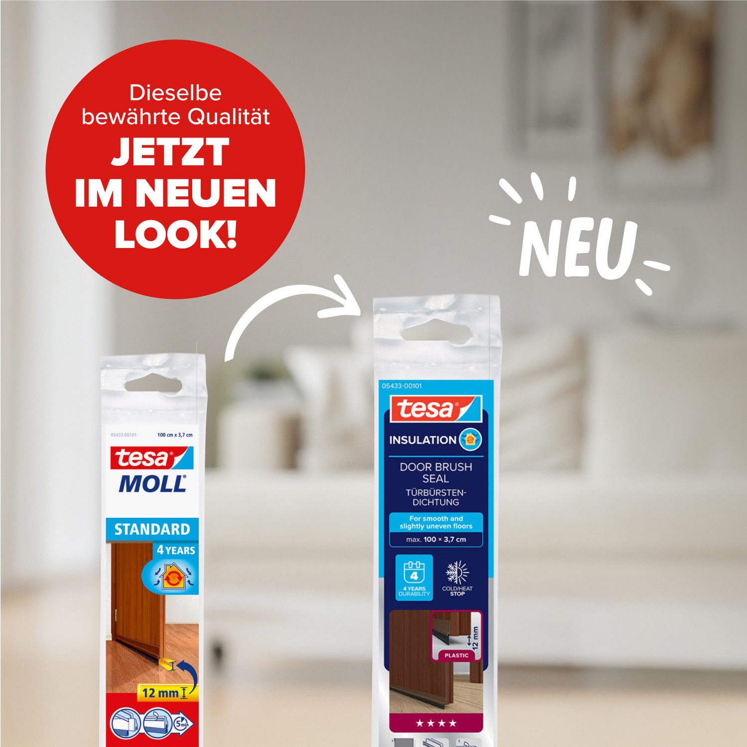 tesa Türbodendichtung INSULATION Türdichtschiene für glatte Böden, (Packung, 1-St., Türdichtschiene braun- mit Bürstendichtung bis 12 mm), Selbstklebende Türdichtung zum Schutz vor Zugluft