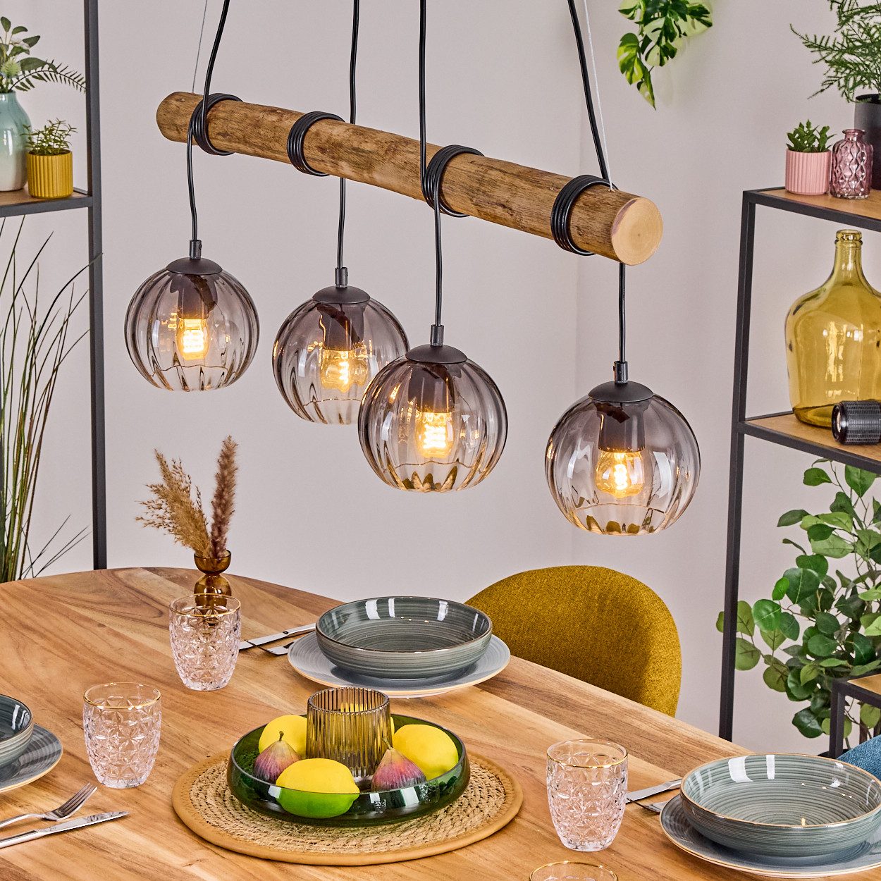 Pendelleuchte Hängelampe aus Metall/Holz/Riffelglas in Schwarz/Natur/Rauch/Klar