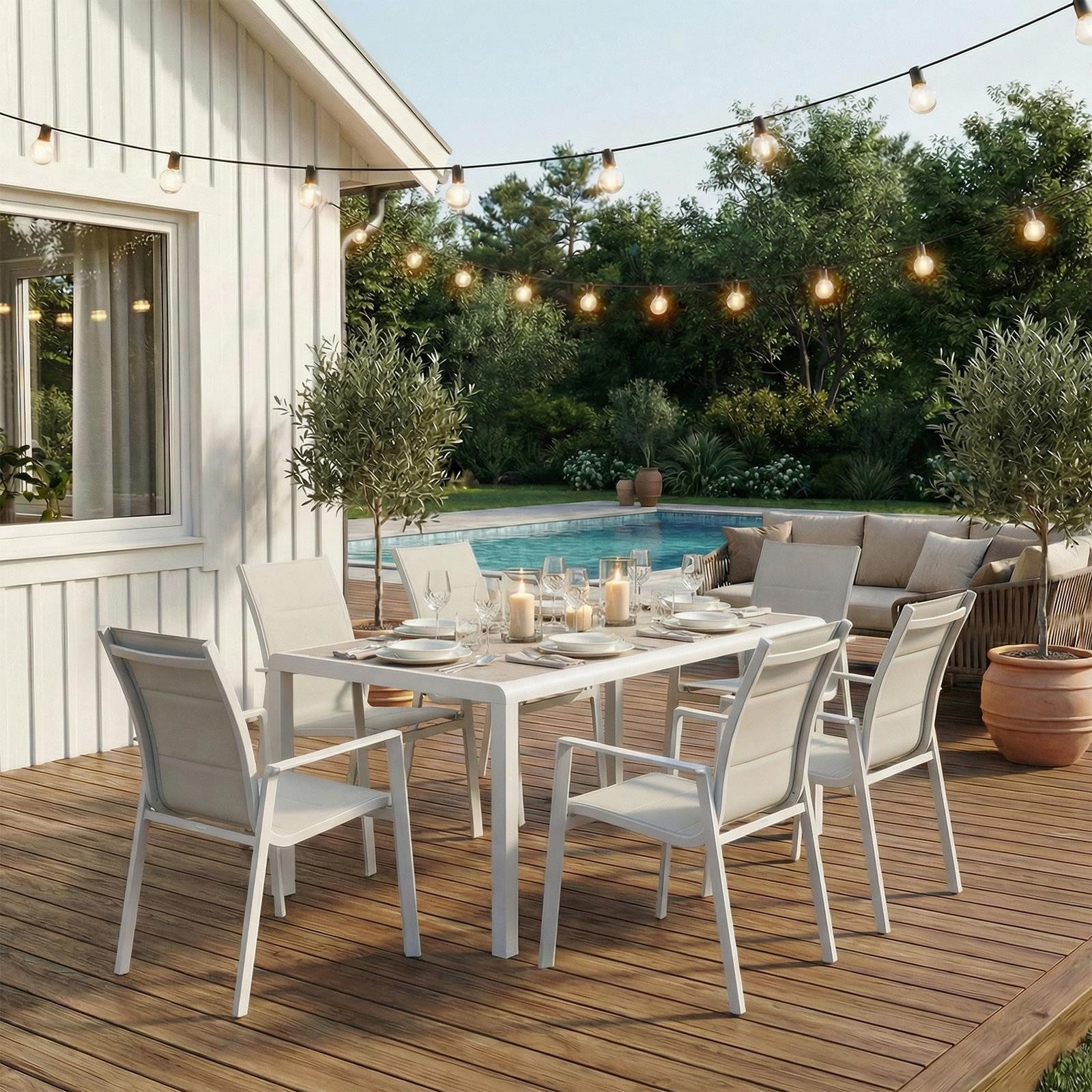 IDIMEX Garten-Essgruppe TRAPANI, (7-tlg), Gartenmöbel Set mit 6 Stühlen aus Aluminium Weiß