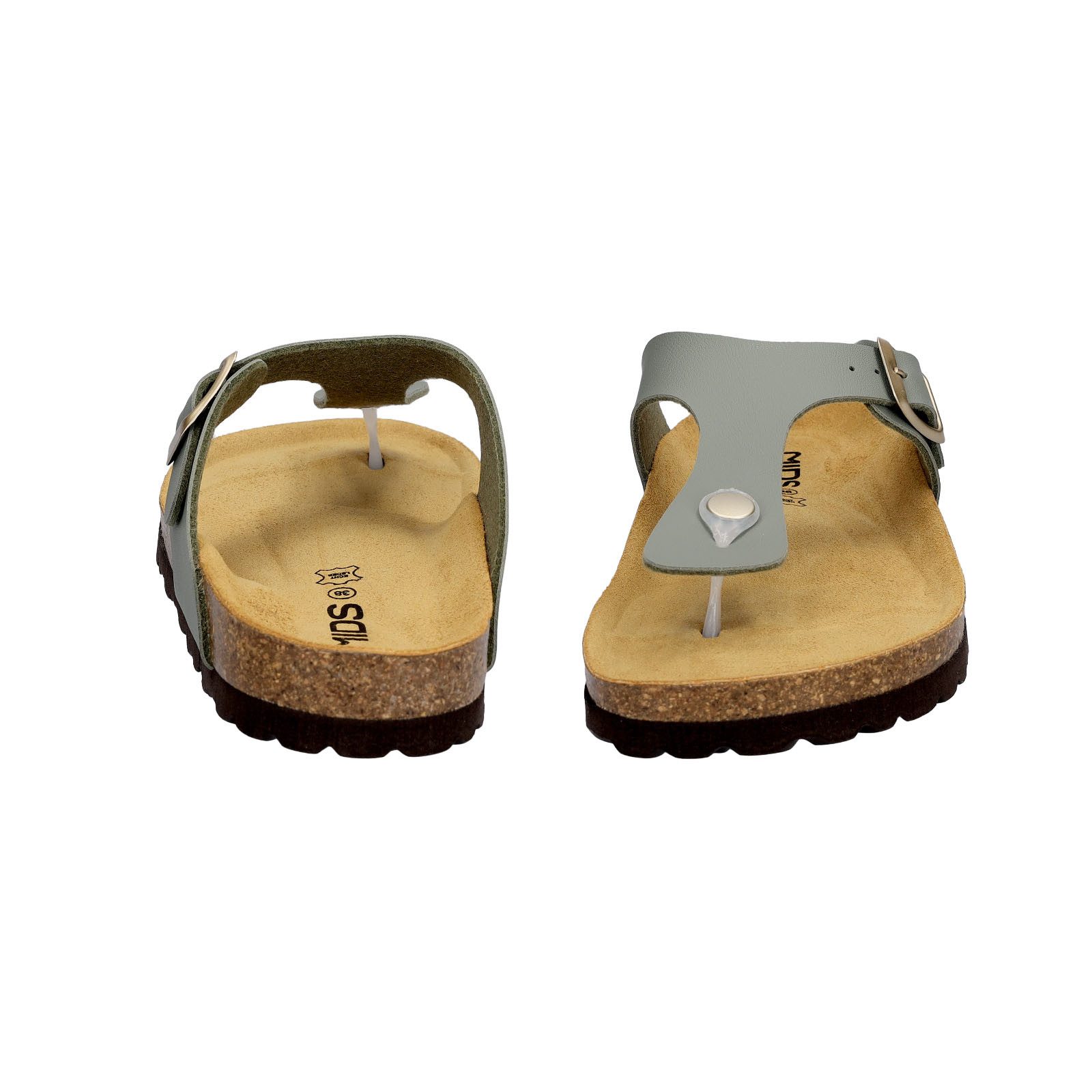 MIDS MIA Damen Pantolette olivgrün, Zehentrenner mit Lederfußbett, Schnalle und Korksohle