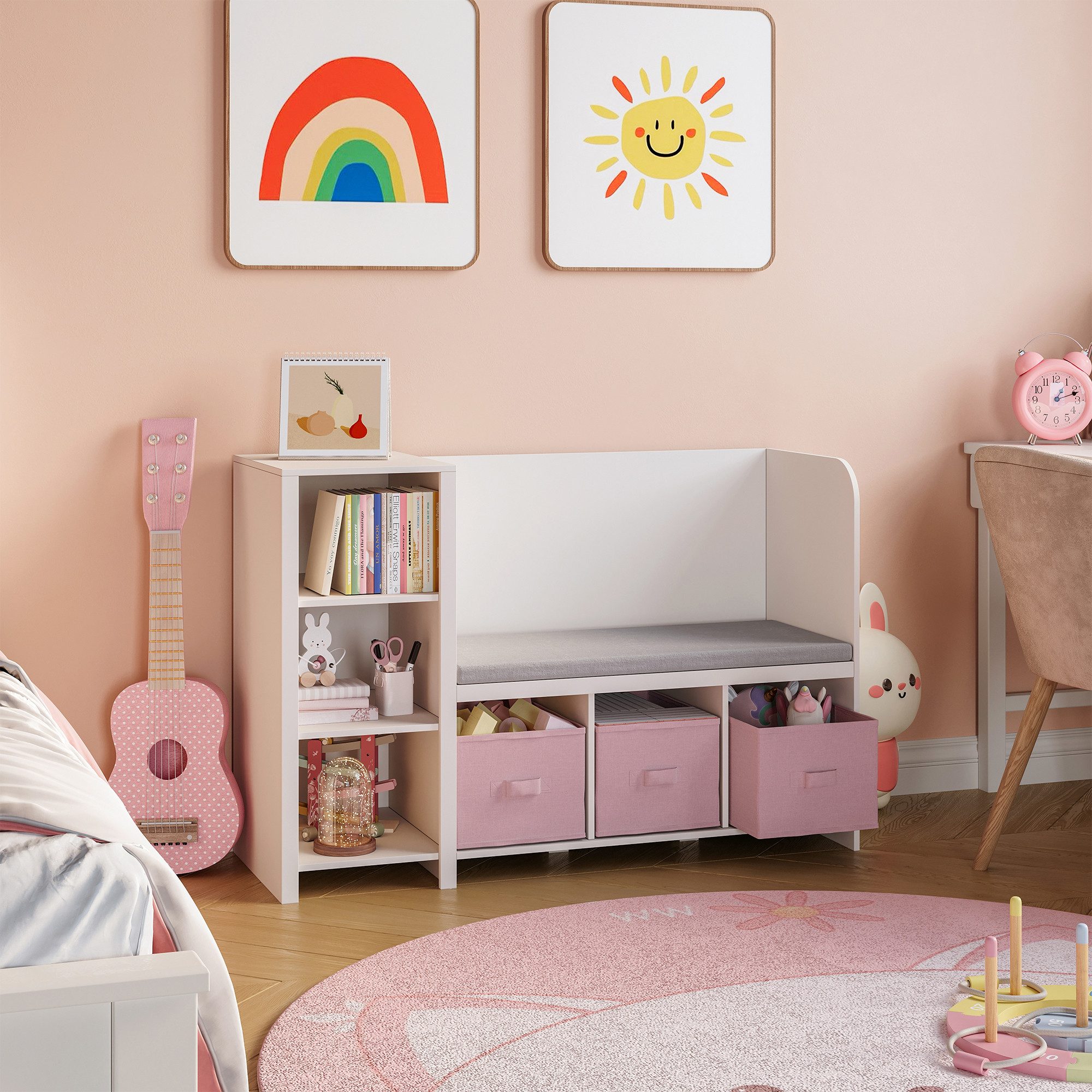 en.casa Sitzbank, mit Regal für Kinder »Høylandet« 76x112x40 cm Weiß/Rosa