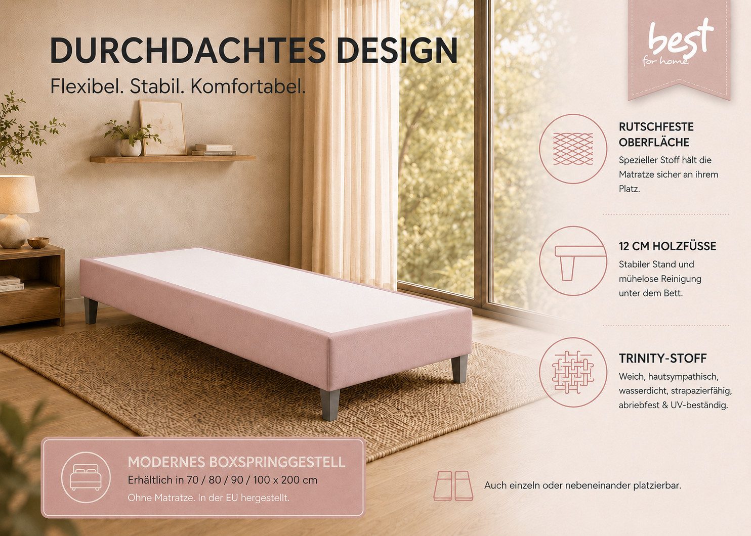 Best for Home Boxspringbett Rahmen – Massivholz, 12 cm Füße, Stabil & Zuverlässig (Seniorebett, Matratze, Jugendbett, Kinderbett, 70x200 80x200 90x200 100x200 cm), Komfortbett, Boxspringgestell, flexible Liefermöglichkeiten