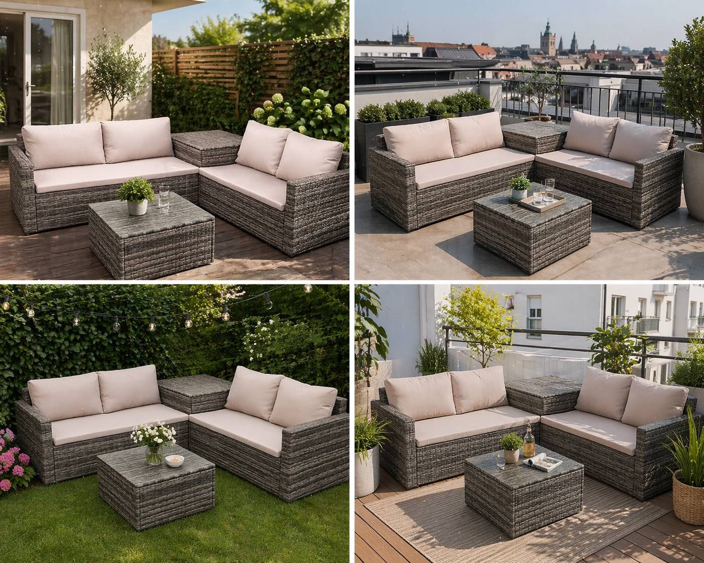 TEICO GROUP Gartenlounge-Set Polyrattan Lounge-Set Kissenbox m. Gasdruckfeder Sitz- u. Rückenkissen, (4-tlg)