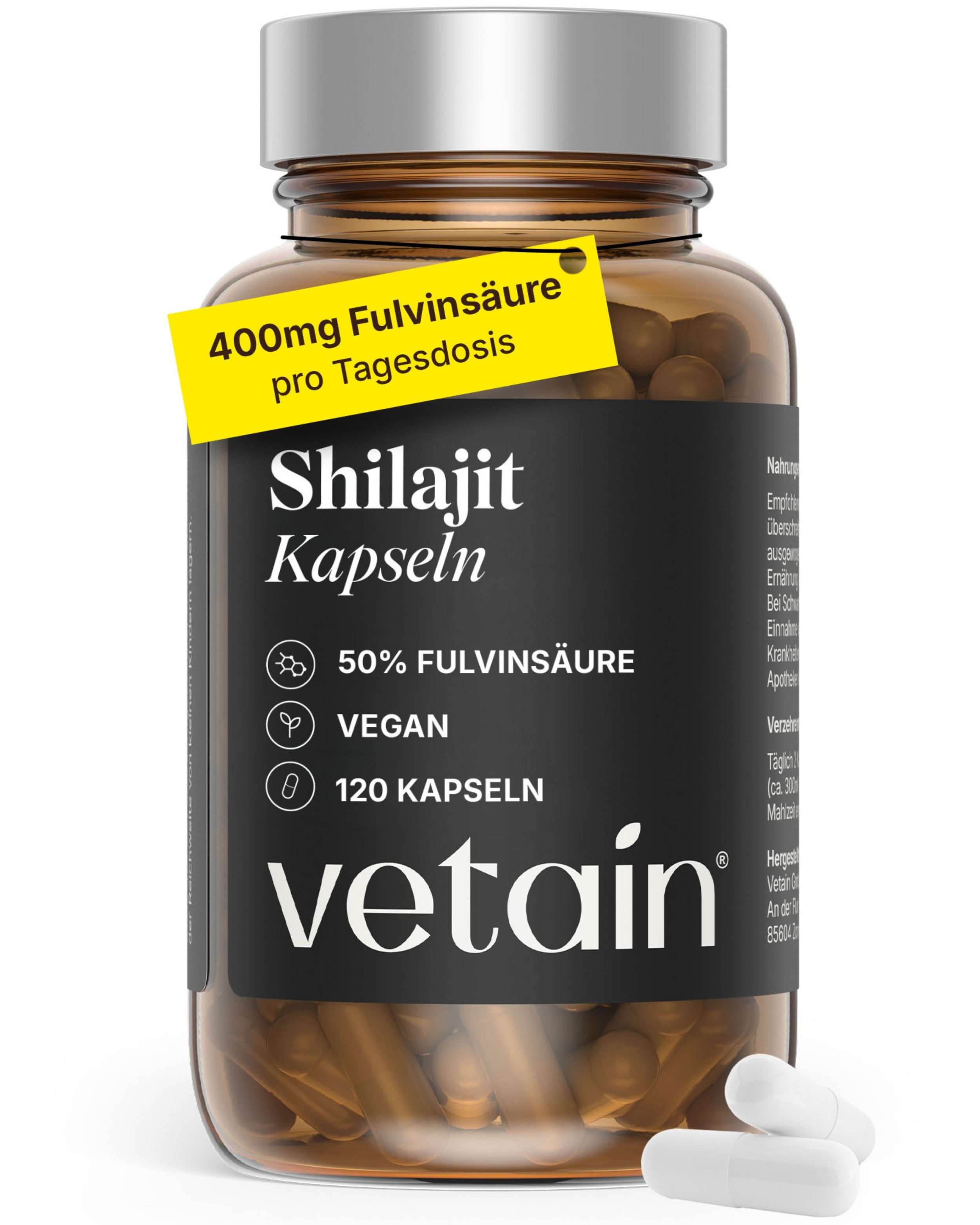 VETAIN Original Himalaya Shilajit - 50% Fulvinsäure & 12% Huminsäure Kapseln, 120 St., Hochdosiert, vegan & ohne Zusätze
