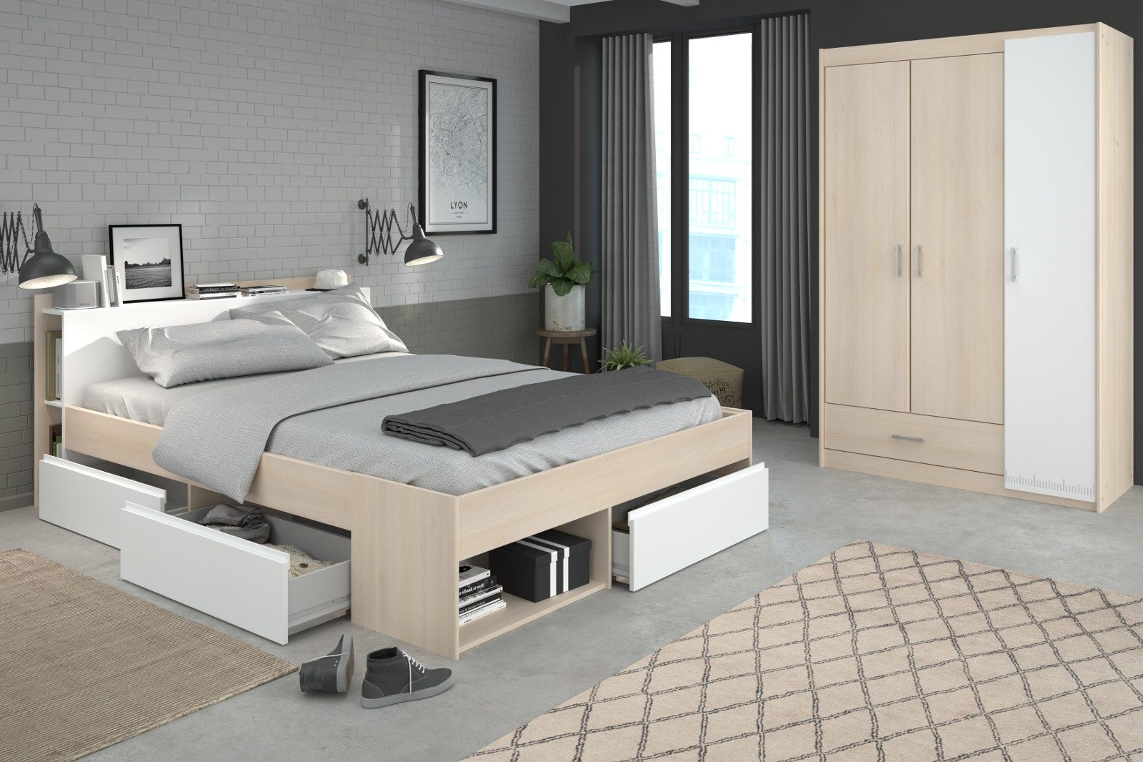 Parisot Jugendzimmer-Set Toms, (Kinderzimmer mit, Stauraumbett (140 x 200) und Kleiderschrank), inklusive 3x Bettschubkasten und Regal