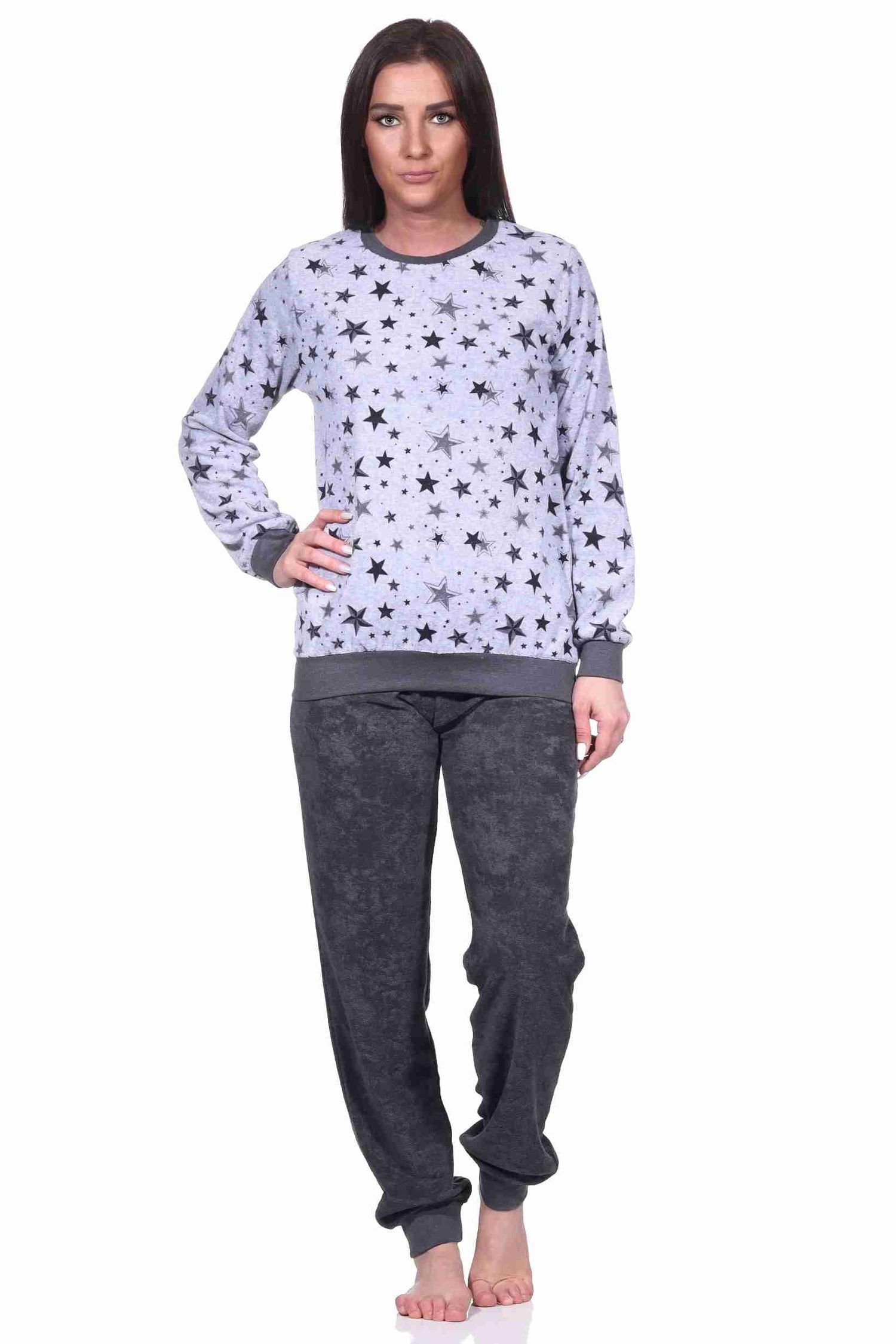 grau-melange in Pyjama Design Sterne Damen Bündchen Frottee Normann Schlafanzug edlen mit