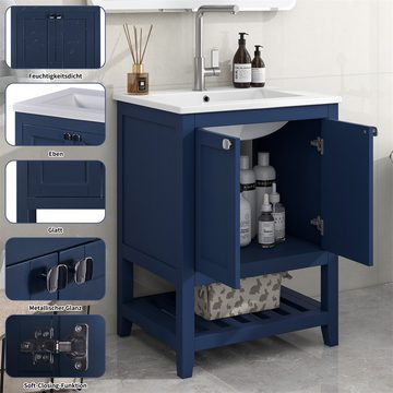 Sweiko Waschbeckenunterschrank Badmöbel Einzel Waschtisch mit Unterschrank 60cm (mit Keramik-Waschbecken) Blau