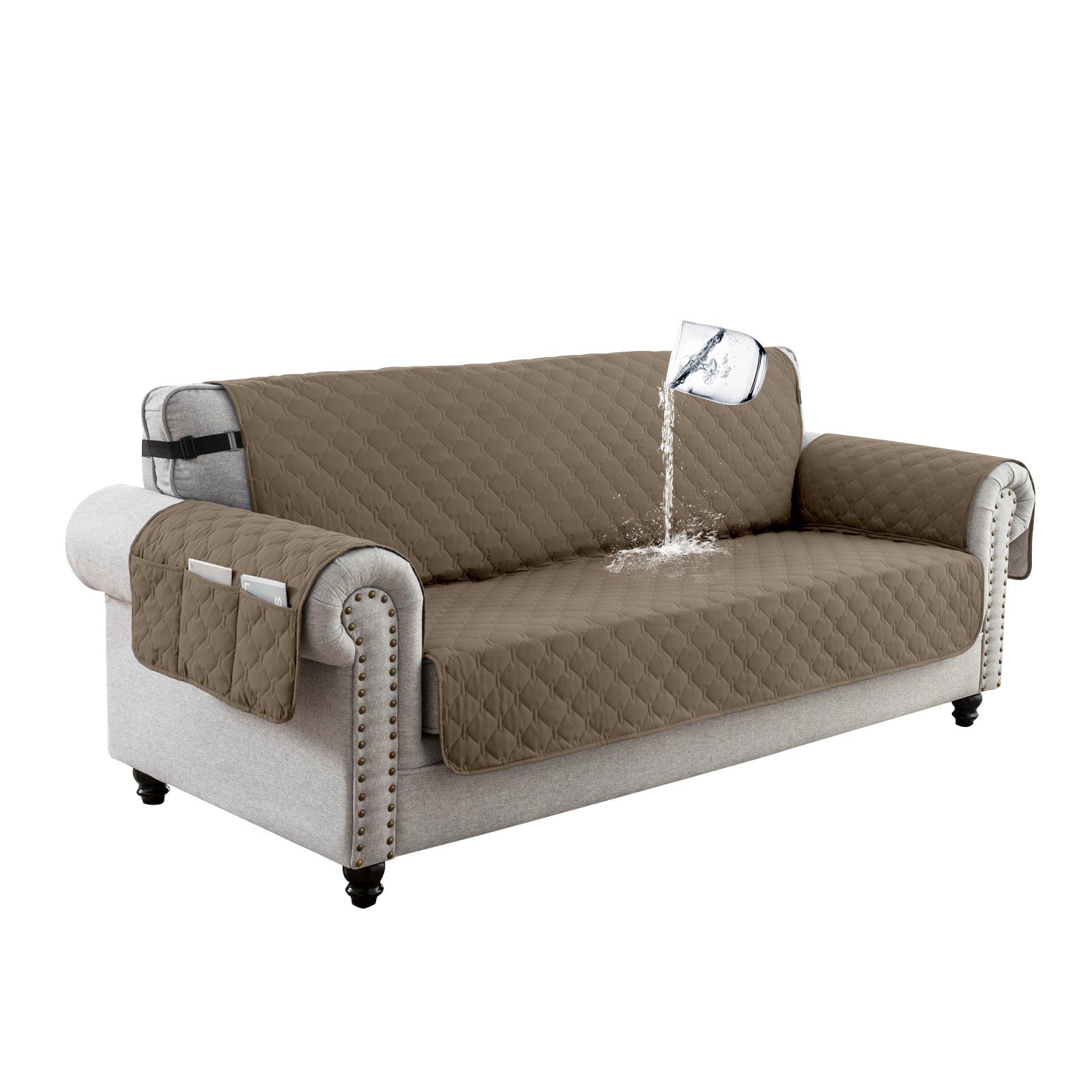 BTTO Sofahusse Sofaüberzug,Sofahusse 1/2/3 Sitzer Gesteppt,Couch Überzug, Sofabezug Wasserdicht,Anti-Rutsch,mit Seitentasche,Haustiermatte