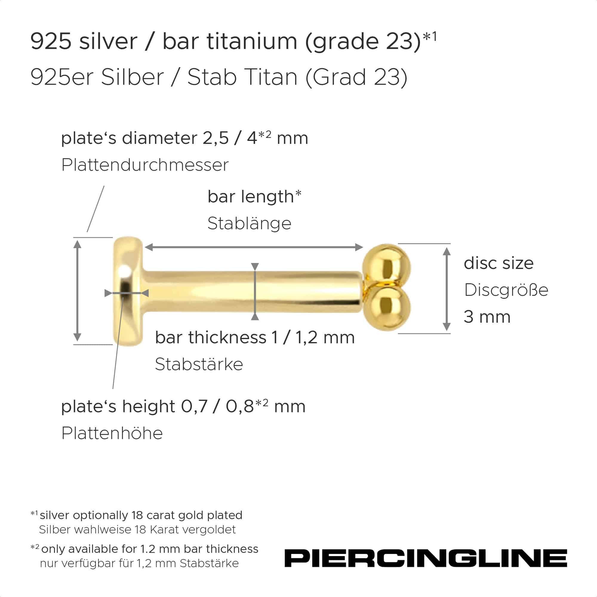 PIERCINGLINE Piercing-Set Titan Labret mit Innengewinde + 925er Silber Aufsatz 3 KUGELN (Labrets, 1-tlg)