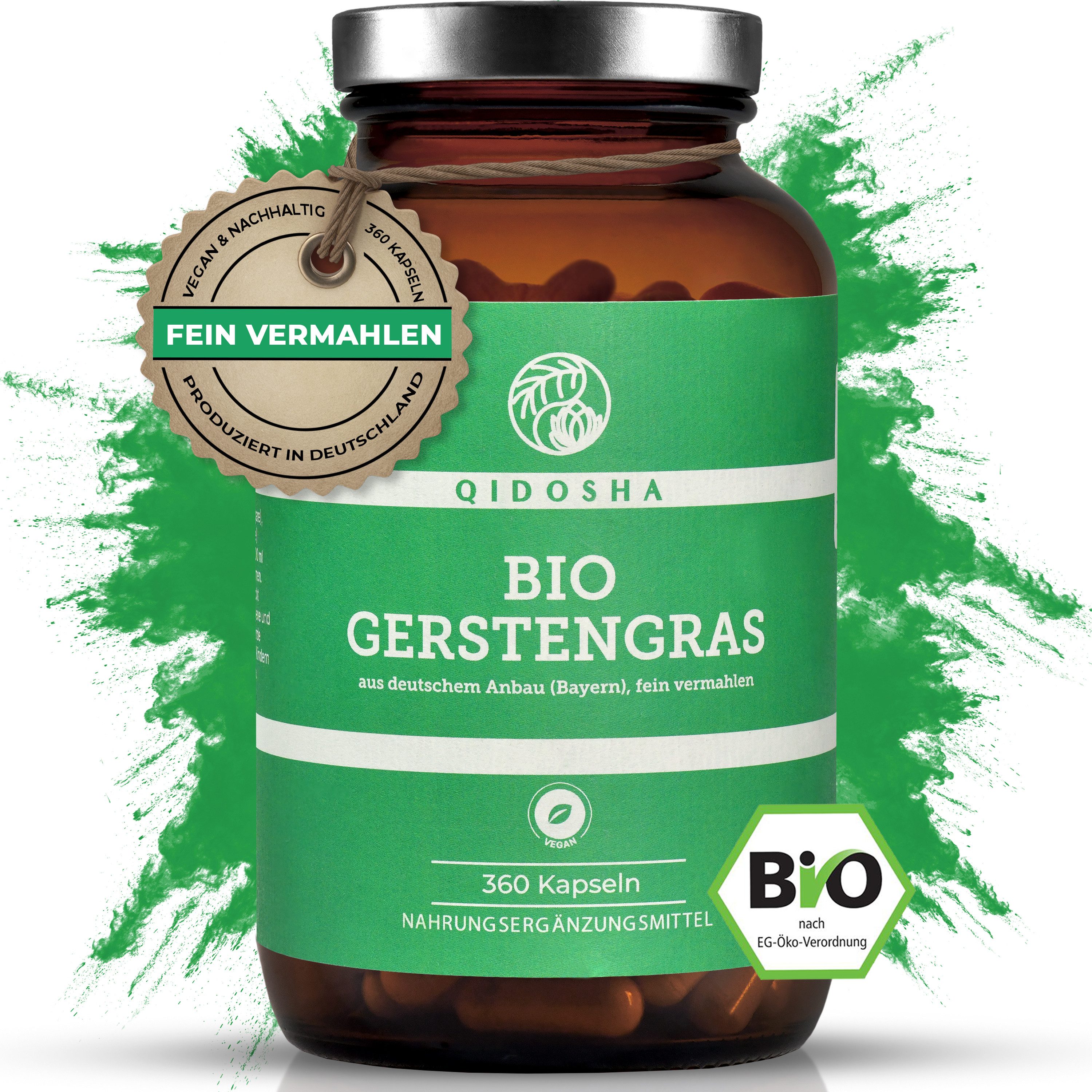 QIDOSHA Bio Gerstengras Kapseln, Bio Gerstengraspulver fein gemahlen mit 500mg je Kapsel, vegan, deutsche Fertigung à 360 St., 215 g