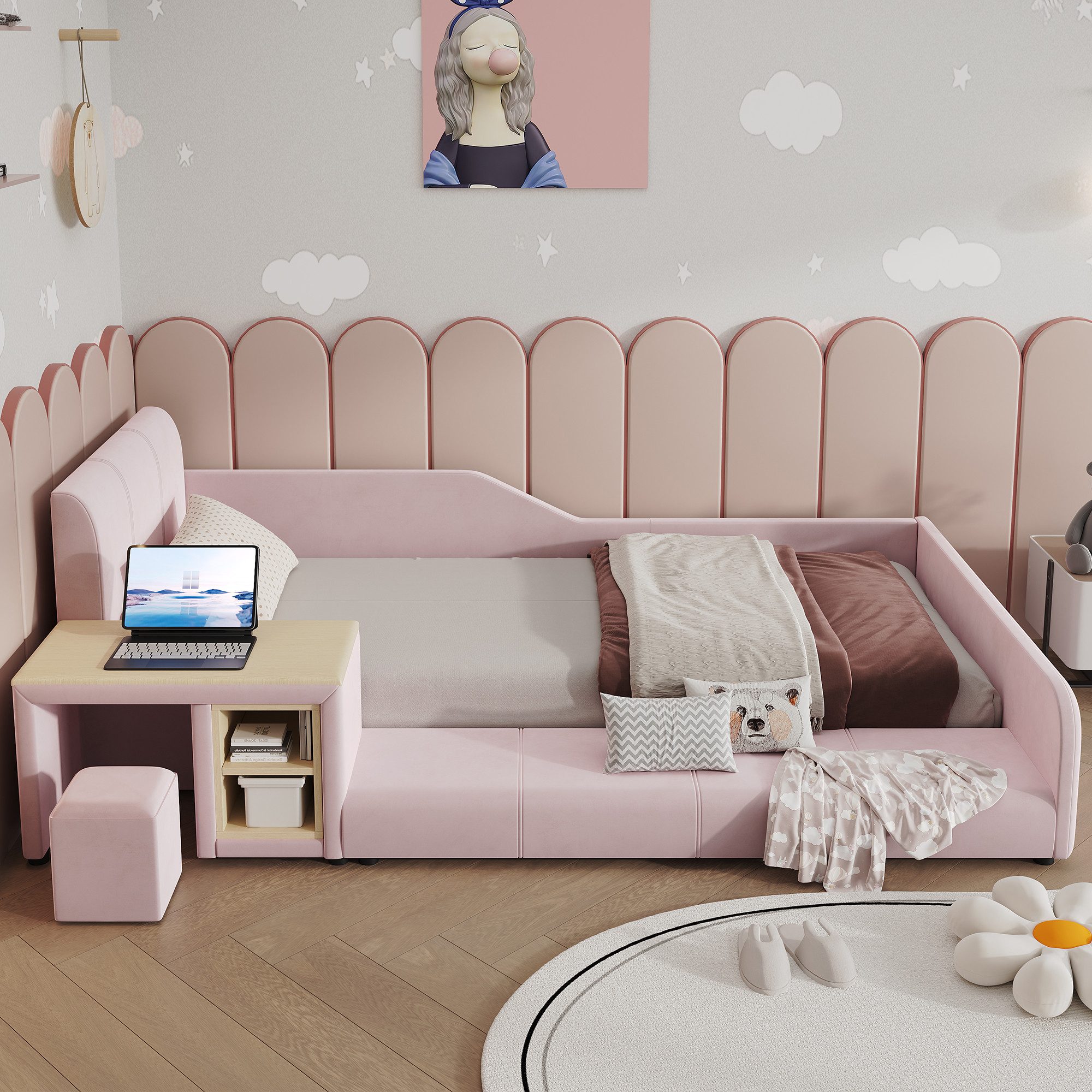 Flieks Polsterbett, Kinderbett 90x200cm mit Schreibtisch und Hocker mit Rausfallschutz