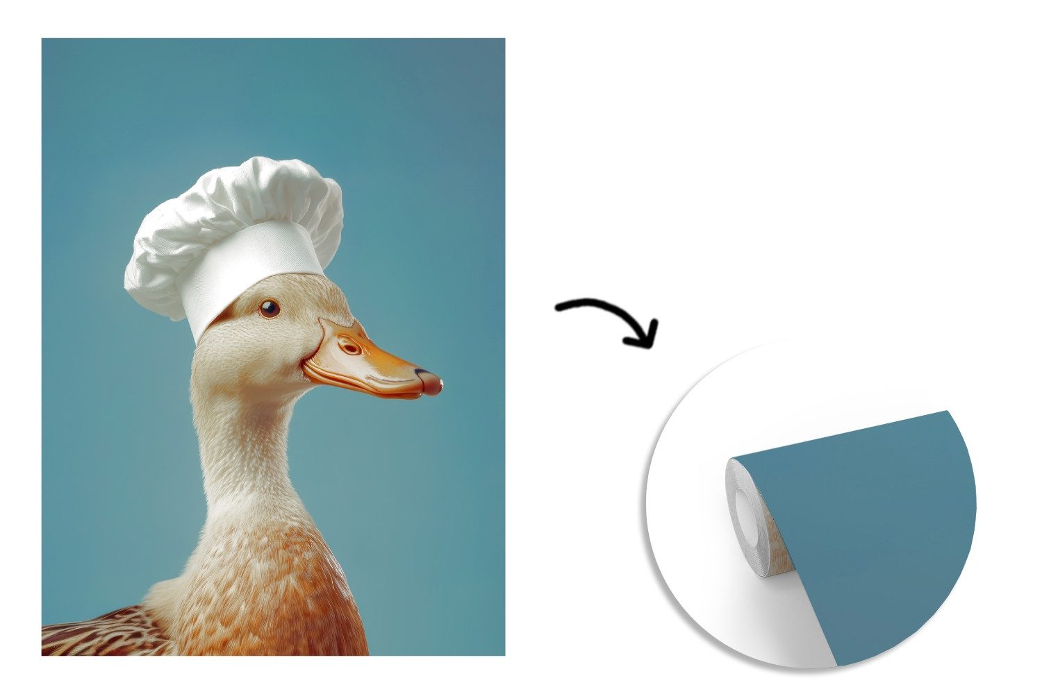 MuchoWow Fototapete Ente - Kochmütze - Niedlich - Vogel, Matt, bedruckt, Wallpaper für Wohnzimmer, Schlafzimmer, Vinyl Tapete, 165x220 cm