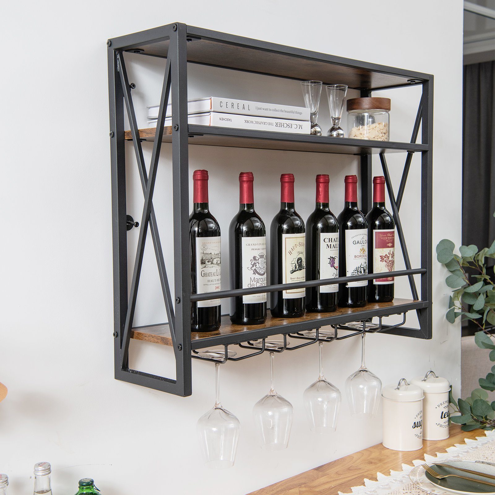 COSTWAY Weinregal, Wand, Holz mit Metallrahmen, günstig online kaufen