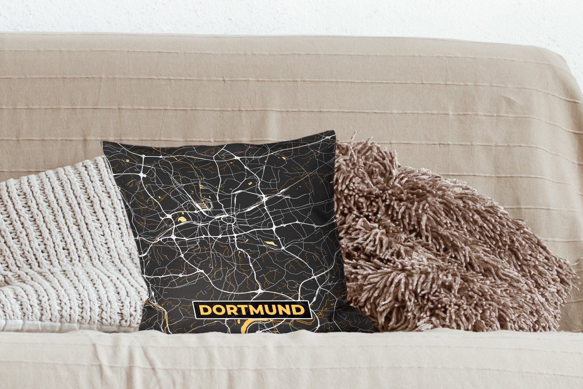 MuchoWow Dekokissen Dortmund für Wohzimmer, Stadtplan, Karte mit Deko, Schlafzimmer, - - Füllung Gold - Sofakissen Deutschland Zierkissen 