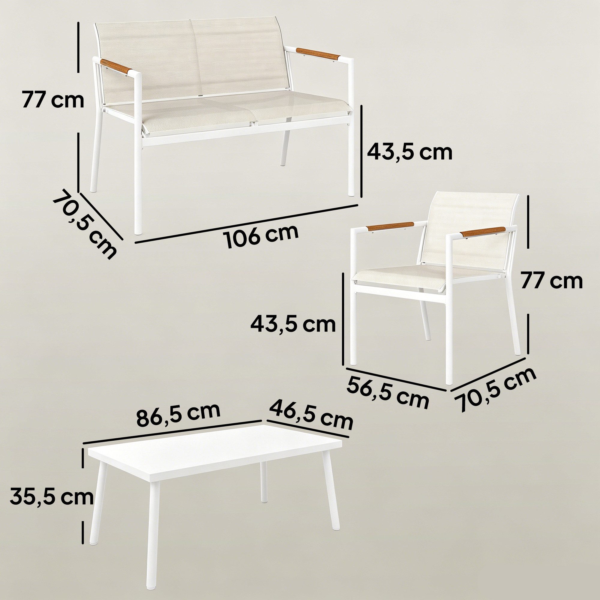 Outsunny Sitzgruppe mit 2er Sofa, 2 Sessel, Metall-Tisch, Fußpads, (Gartenlounge, 4-tlg., Gartenmöbel Set), für Garten Balkon Cremeweiß