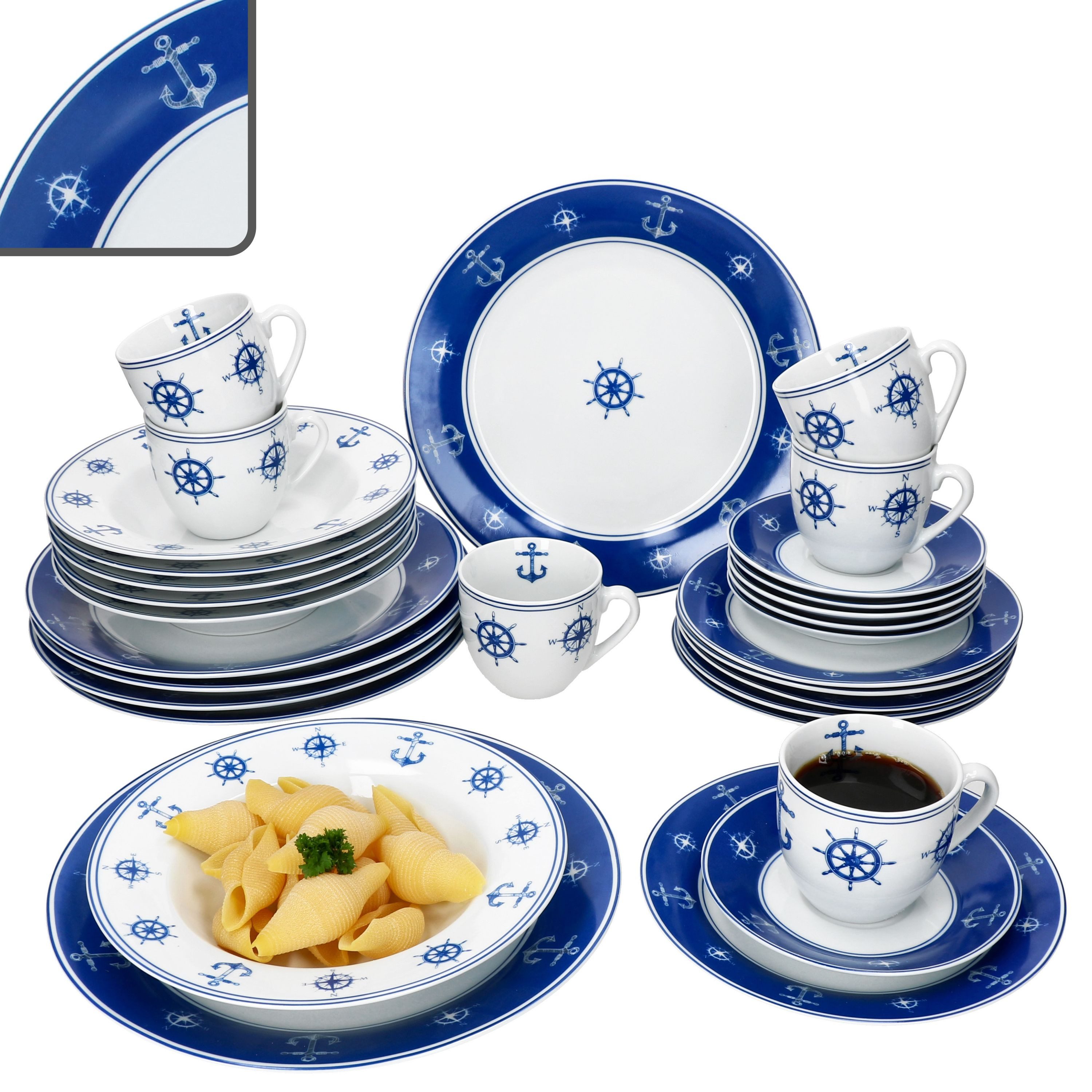 MamboCat Kombiservice MamboCat Ahoi 30tlg Kombiservice Porzellan Geschirrset maritimem Dekor, Porzellan