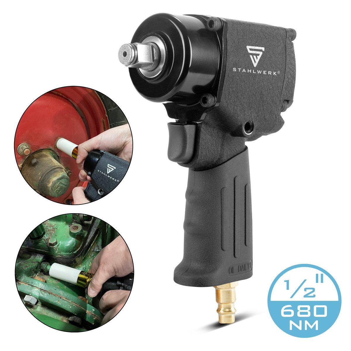 STAHLWERK Druckluft-Schlagschrauber Druckluft-Schlagschrauber DSS-680 ST mit 680 Nm, 7500 U/min, 7500 Nm, (Einzelgerät, 2-tlg., gewährleistet extrem hohe Standzeiten), mit Hochleistungs-Schlagwerk