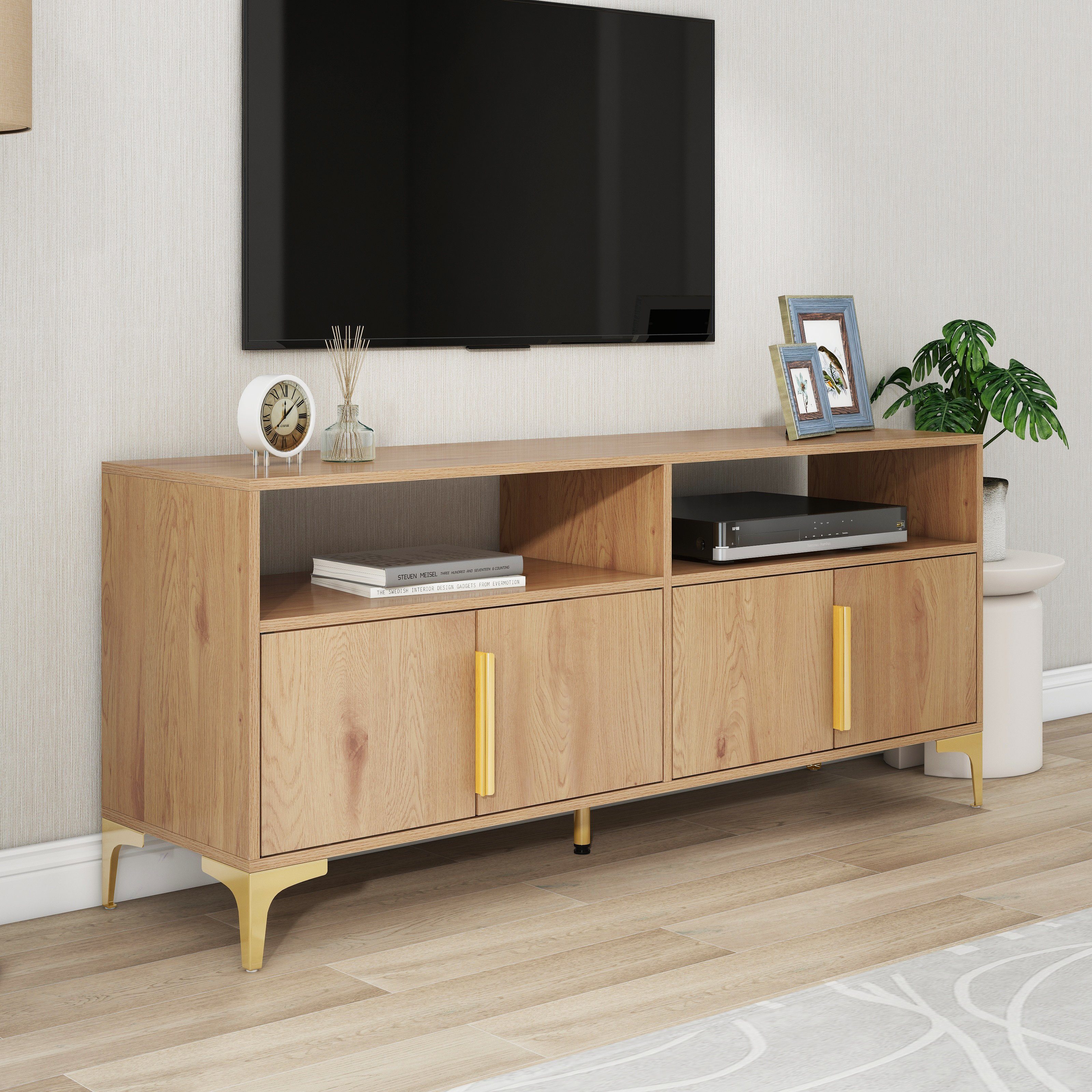 Odikalo TV-Schrank TV-Ständer Sideboard Lagerschrank 4 Tür 2 Fächern 147x40x64 Naturholz | TV-Schränke