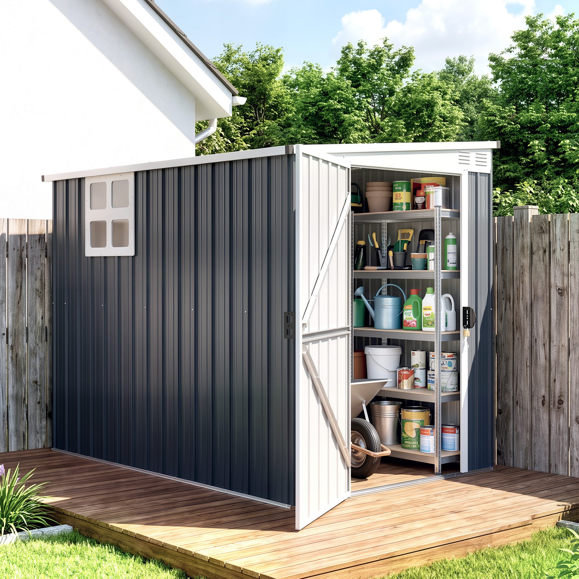 Outsunny Gerätehaus Metall Geräteschuppen mit Pultdach Abschließbarer Tür, BxT: 128x231 cm, (wetterfest Gartenschuppen, 1 St., Metall Geräteschuppen), Outdoor Garten Schuppen für Hinterhof, Außenbereich, Dunkelgrau