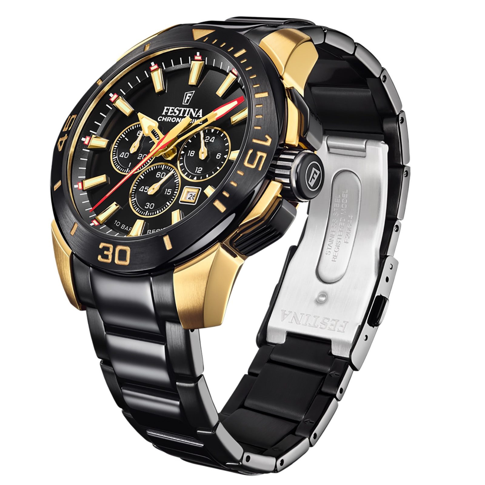 Festina Quarzuhr Festina Herrenuhr Edelstahl schwarz, (Analoguhr), Herren Armbanduhr rund, Edelstahlarmband schwarz, Sport