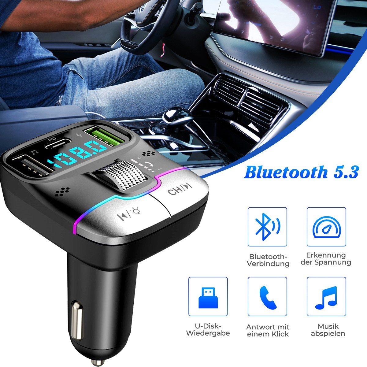 VSIUO Bluetooth 5.3 FM Transmitter für Auto KFZ-Transmitter, Typ C PD 25W Dual USB Schnell Auto Ladegerät, MP3 Auto Player