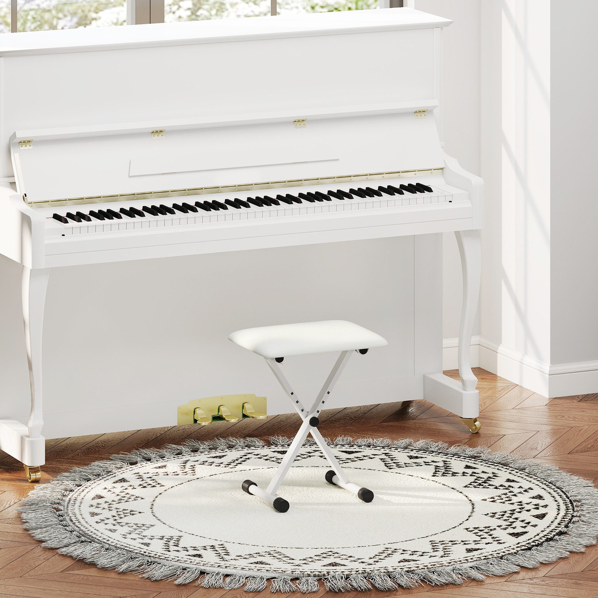 HOMCOM Klavierbank X-förmiger Pianobank mit Kunstleder Kissen (Klappbarer Klavierstuhl, 1-St., Höhenverstellbar Klavierhocker), für Piano Keyboard 39 x 29 x 37-47 cm Weiß