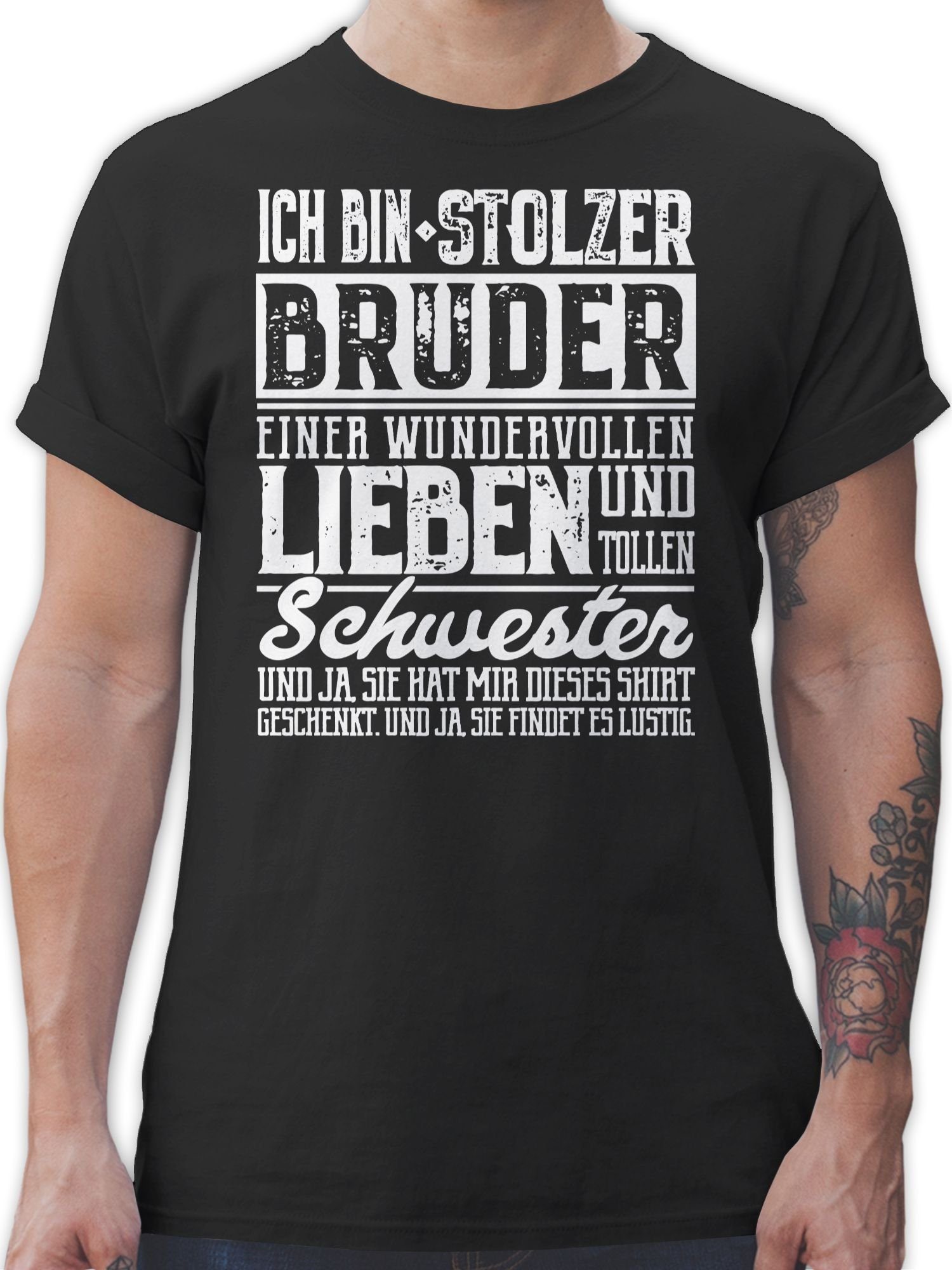 Shirtracer T-Shirt Ich bin stolzer Bruder einer tollen und wundervollen Schwester Bruder 01 Schwarz