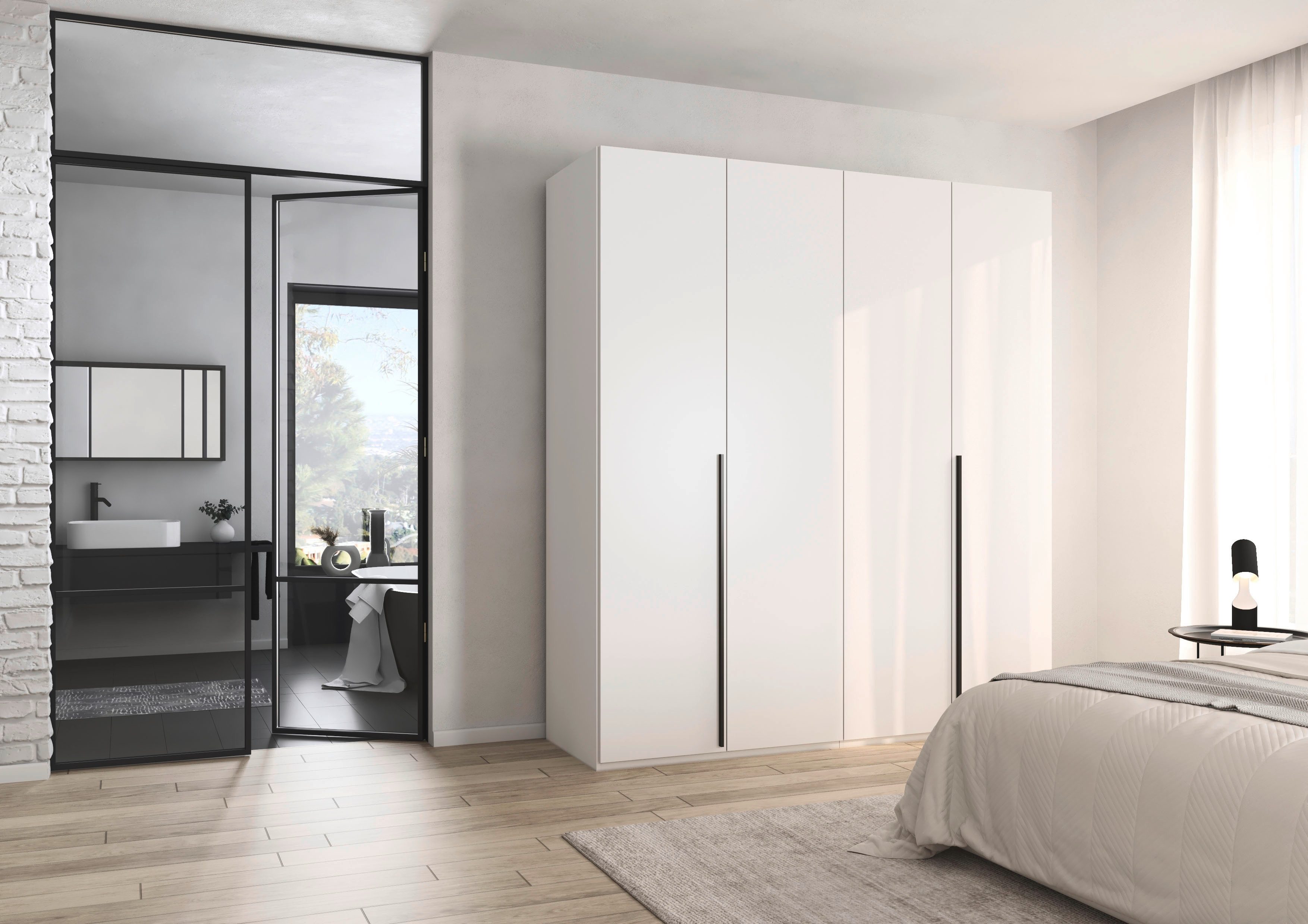 rauch Drehtürenschrank Kleiderschrank Schrank Garderobe Wäscheschrank BESTSELLER MONTCLAR (3 Ausstattungen BASIC/CLASSIC/PREMIUM (SOFT-CLOSE), Breiten 201-400 cm) Front in Glas/Hochglanz/Dekor/Grauspiegel in 5 Breiten MADE IN GERMANY