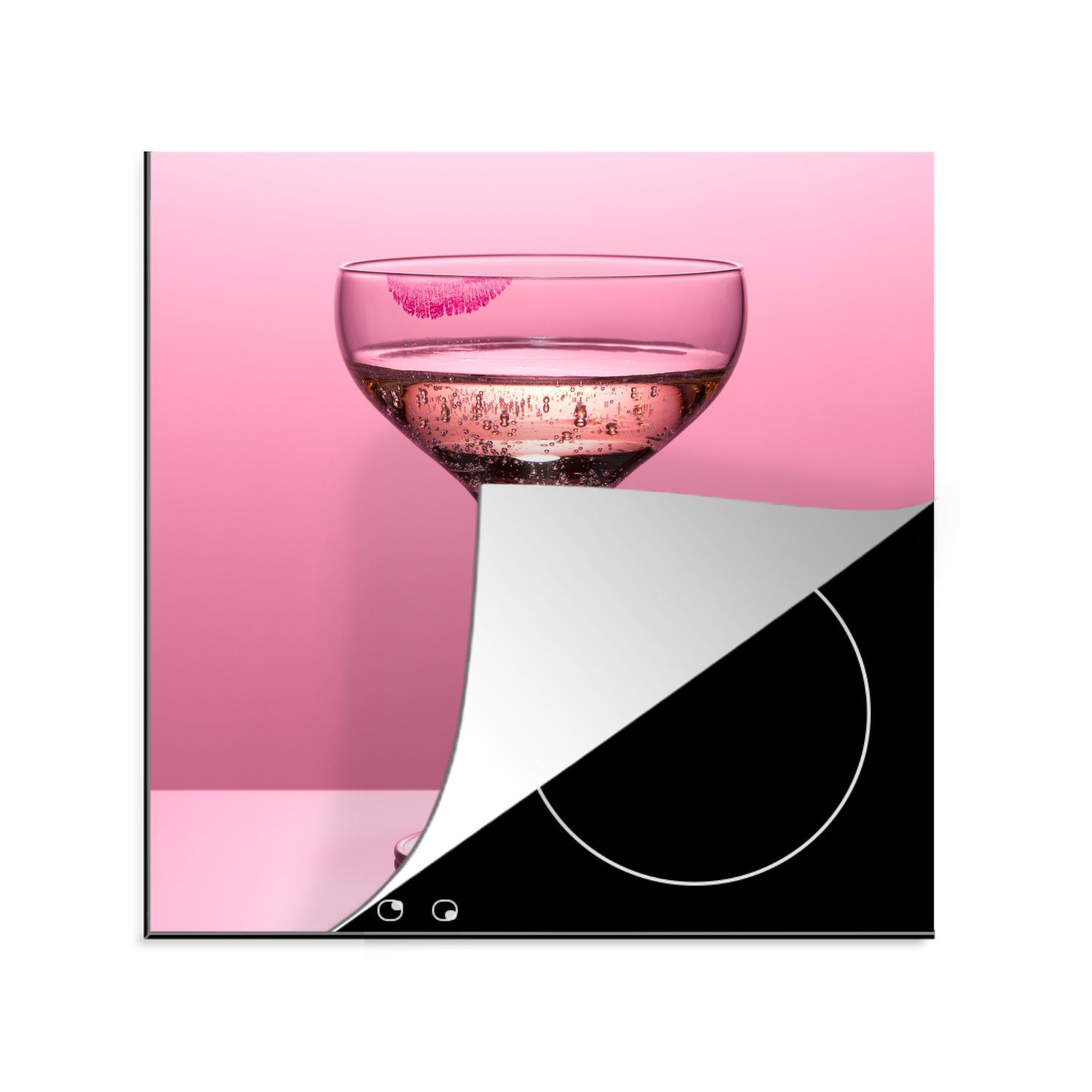 MuchoWow Herdblende-/Abdeckplatte Nahaufnahme eines Sektglases mit Lippendruck, Vinyl, (1 tlg), 78x78 cm, Ceranfeldabdeckung, Arbeitsplatte für küche