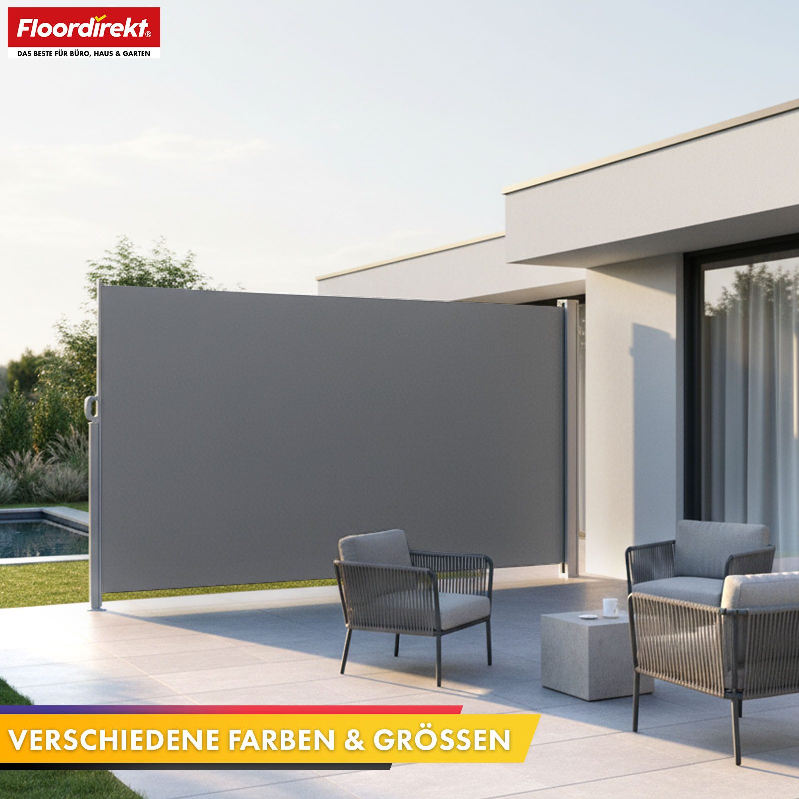 Floordirekt Seitenmarkise aus Aluminium Sichtschutz & Sonnenschutz für Balkon, Terrasse & Garten (140x300 cm) UV-beständig, hohe Stabilität, witterungsbeständig – Bild 4 von 5