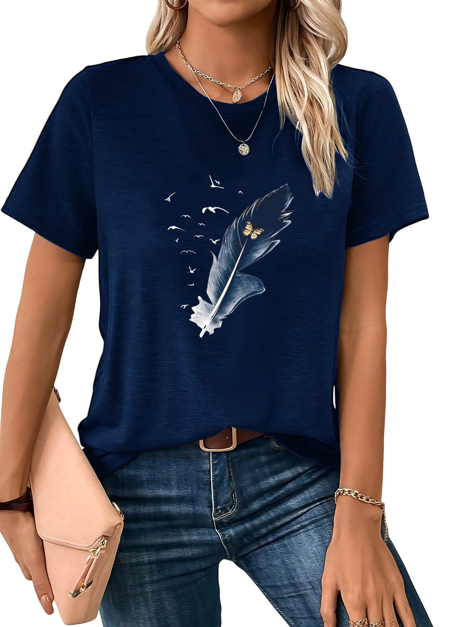 PYLIKE Print-Shirt Damen Elegant Sommer Kurzarmbluse Locker Feder Print-Shirt Bequem für Freizeit und Büro,Strandurlaub