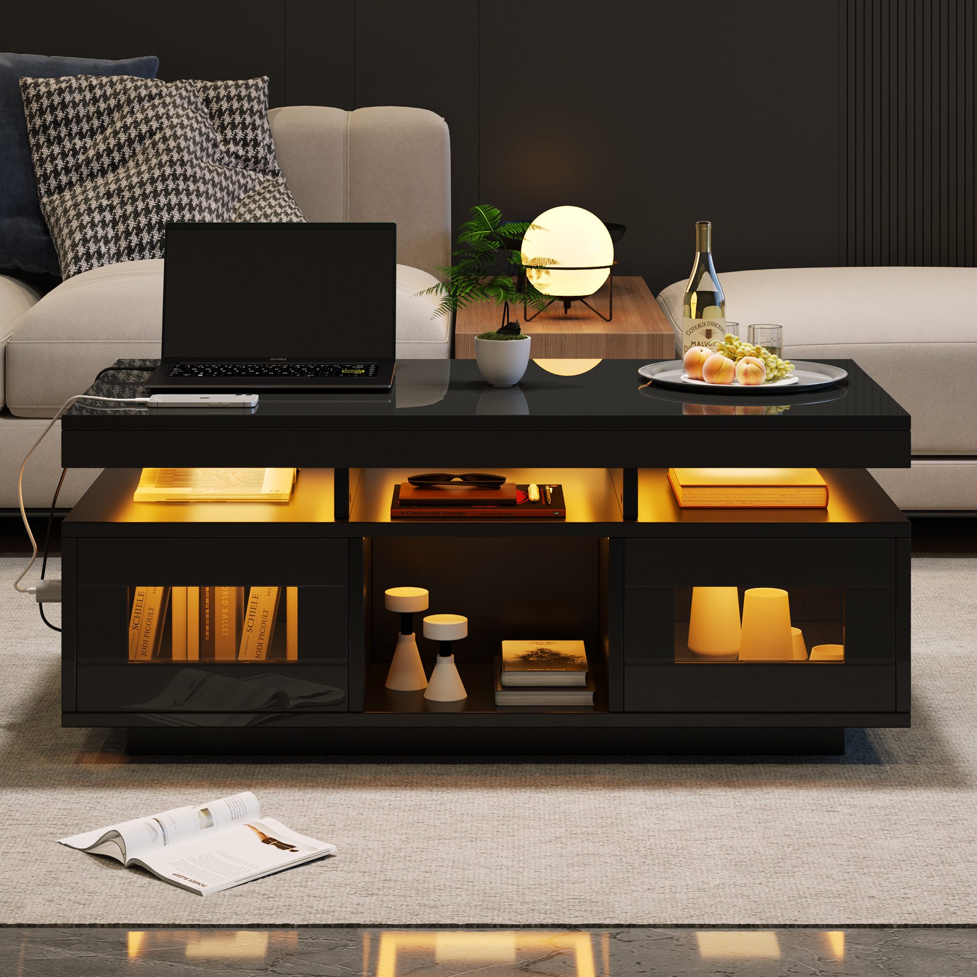 Merax Couchtisch hochglanz Sofatisch mit LED-Beleuchtung & USB-Ladeanschluss (1-St., 100×50×43cm), Beistelltisch Wohnzimmertisch mit 2 Türen und mehr Ablagefächern
