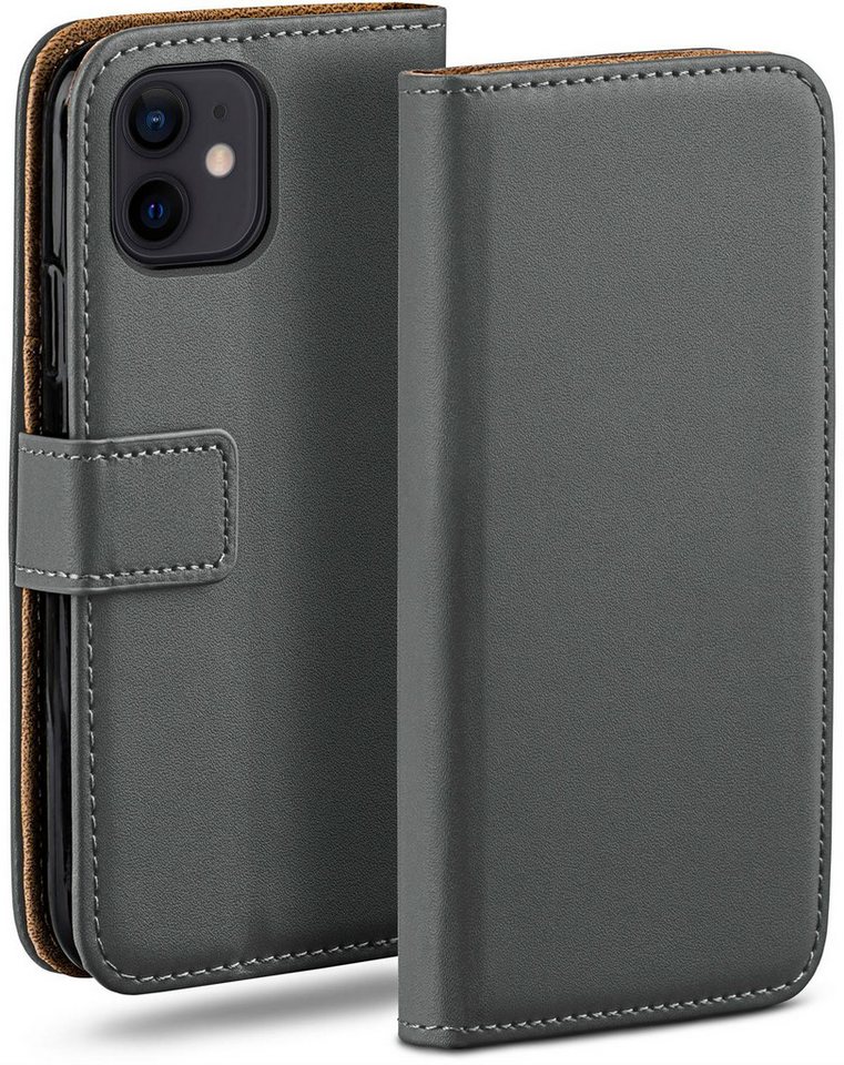 moex Handyhülle für iPhone 12 mini Hülle Klappbar Book Case Dunkelgrau 5,4 Zoll, Klapphülle Kartenfach Flip Cover Handytasche Leder Optik Schutzhülle