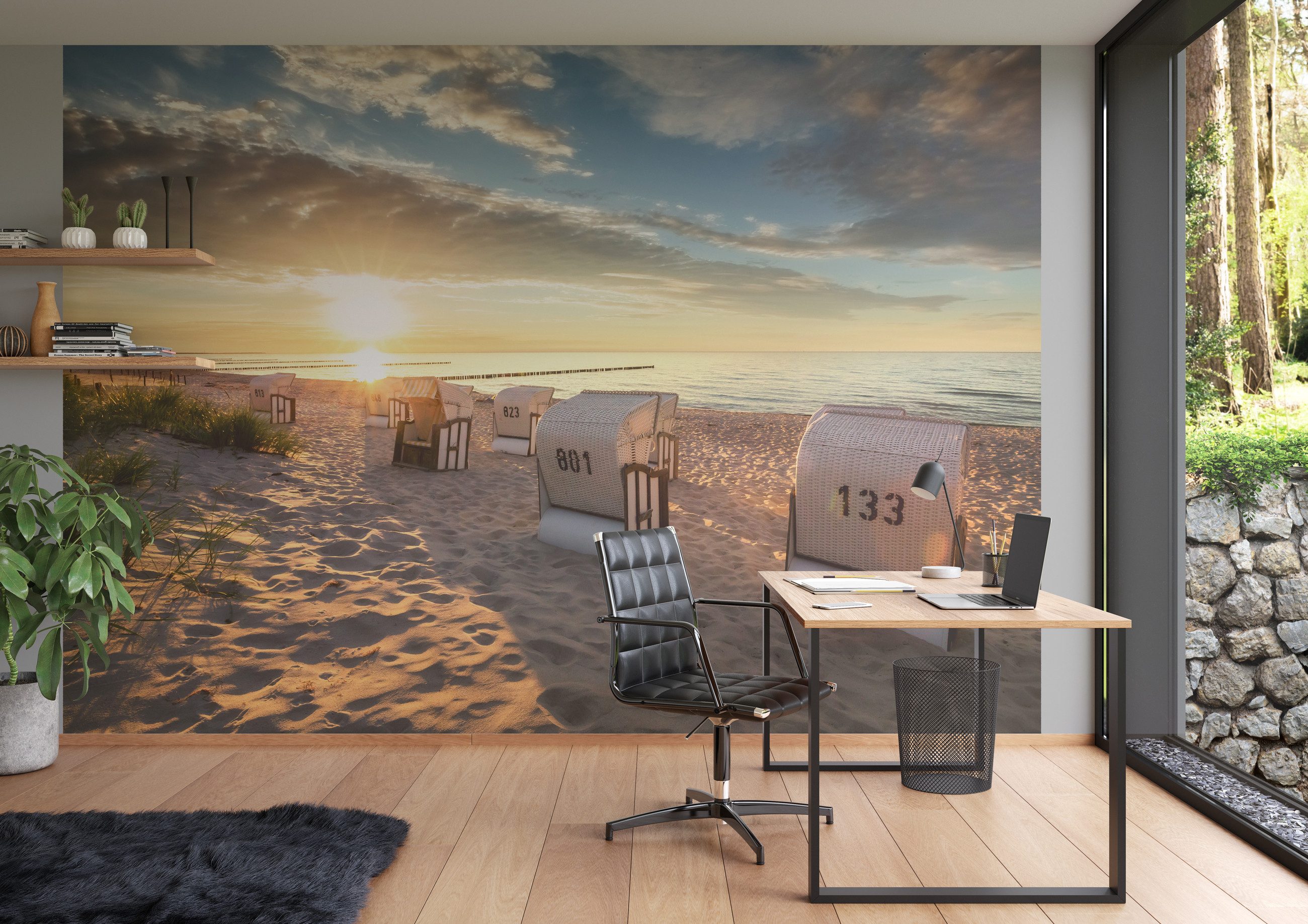 Rasch Fototapete Strand Nordsee mit Strandkörben - 2,65m x 3,71m, strukturiert, Meer, Natur, Strand, Landschaft, (1 St), Landschaft