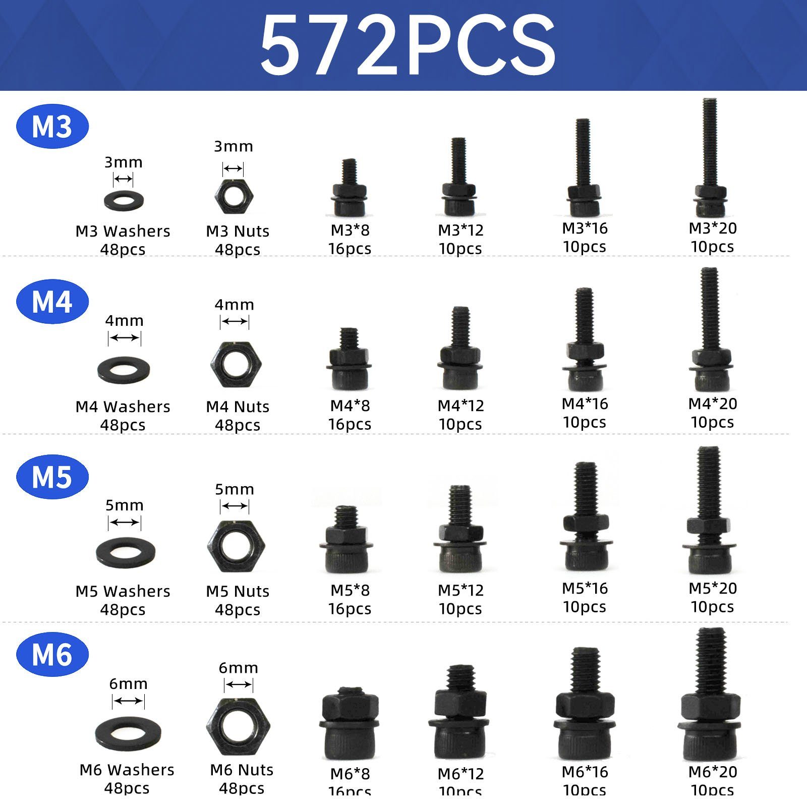 Innensechskant M3-M6 Schrauben-Set, St), style 572 Zylinderschrauben Unterlegscheiben Schwarz (572 home Muttern,