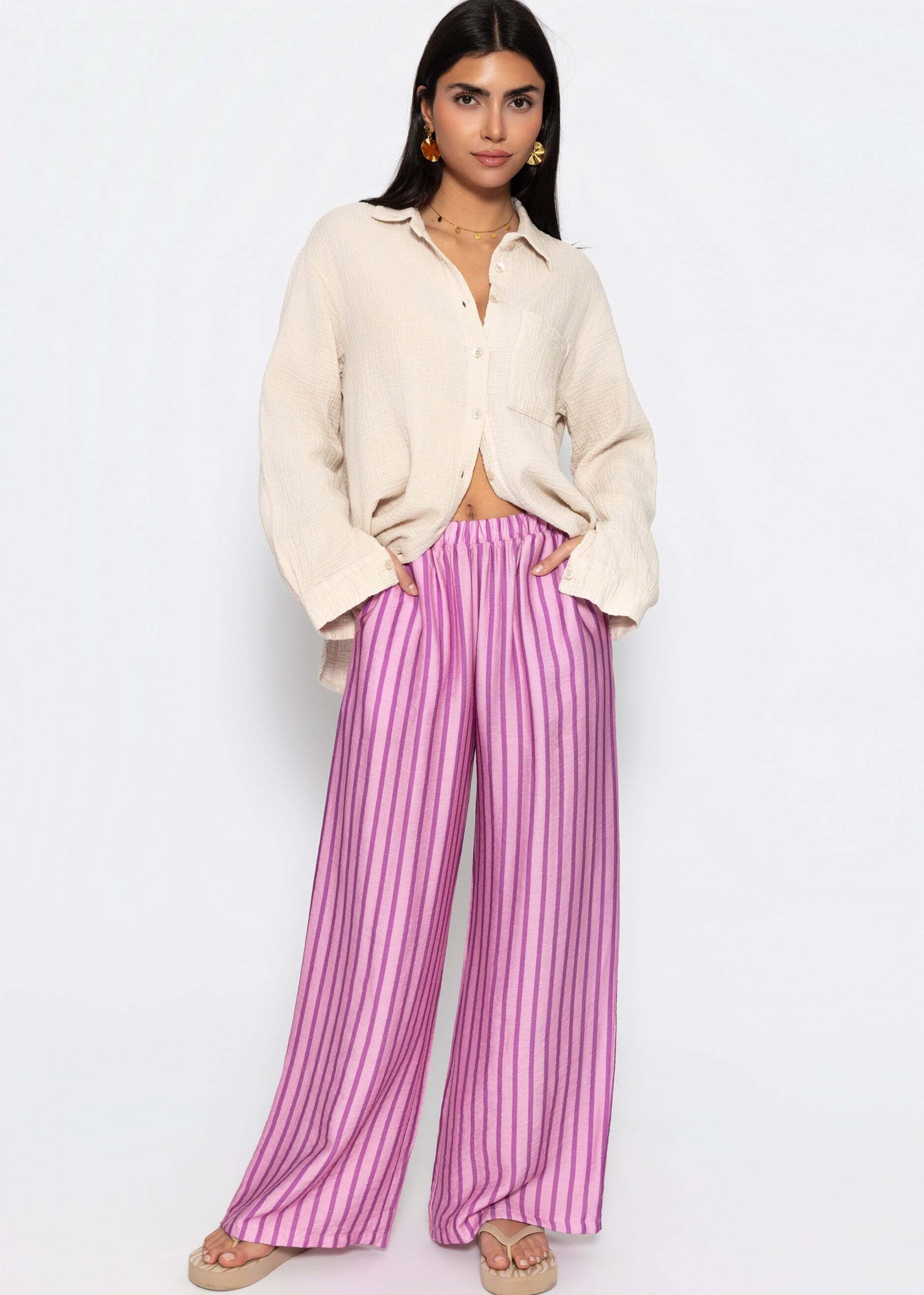 SASSYCLASSY Stoffhose Gestreifte Hose für Damen Weit geschnittene Stoffhose mit elastischem Bund und Eingriffstaschen – Bild 3 von 5