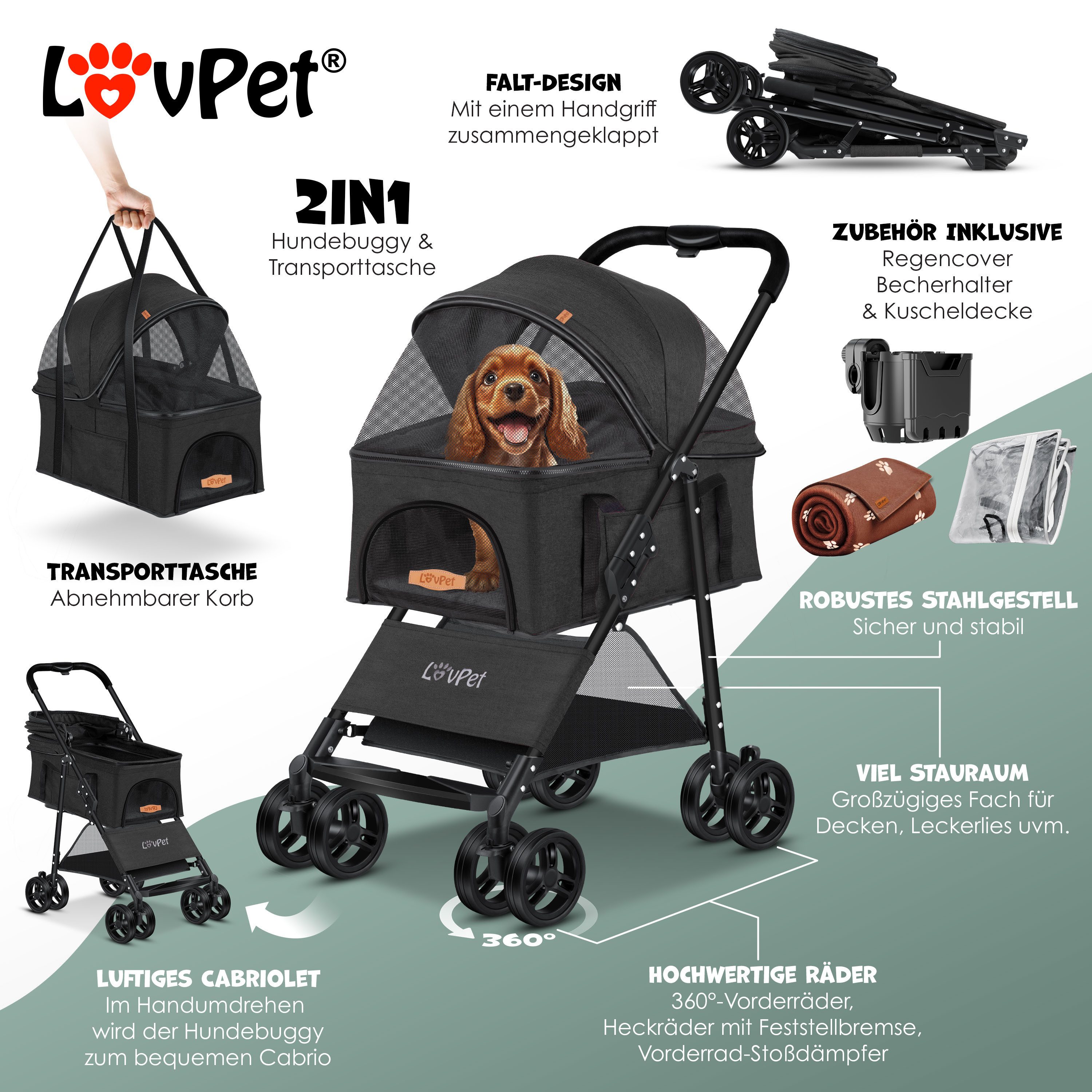 Lovpet Hundebuggy 2in1 Hundewagen max. bis 20kg Buggy für Haustiere, (Hundebox & Tasche mit Regenschutzabdeckung Getränkehalter Kuscheldecke), Haustier- & Katzenbuggy faltbar & klappbar mit Netzfenster