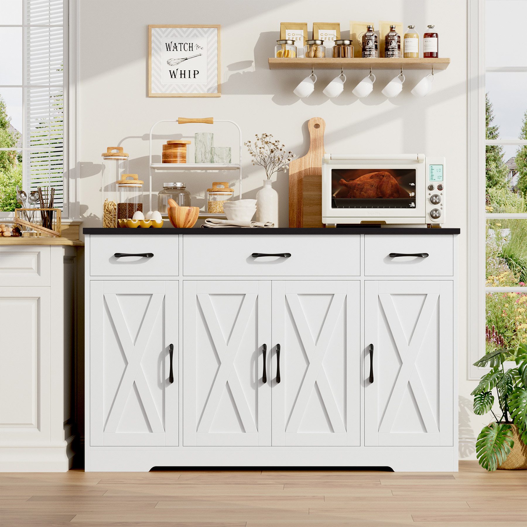 HOMECHO Sideboard, Küchenschrank 3 Schubladen 4 Türen, Verstellbaren Regalen