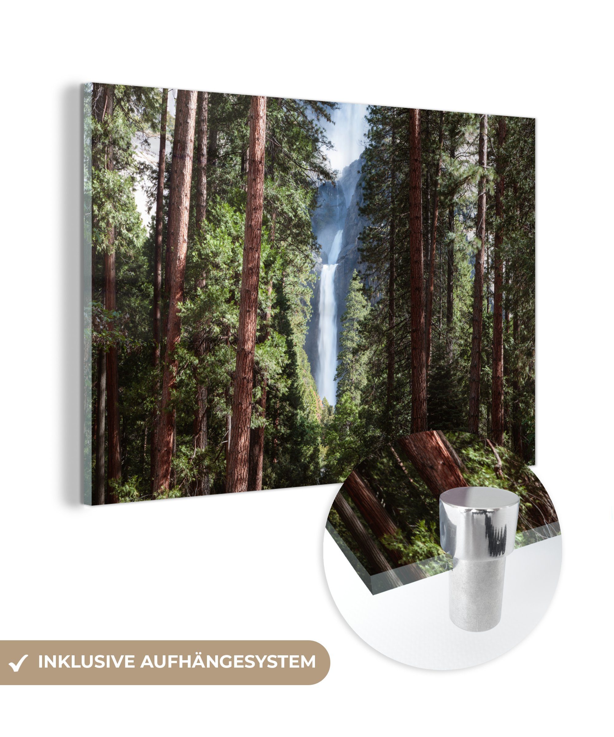 MuchoWow Acrylglasbild Ein Wasserfall zwischen den Bäumen im Yosemite National Park i, (1 St), Acrylglasbilder Wohnzimmer & Schlafzimmer
