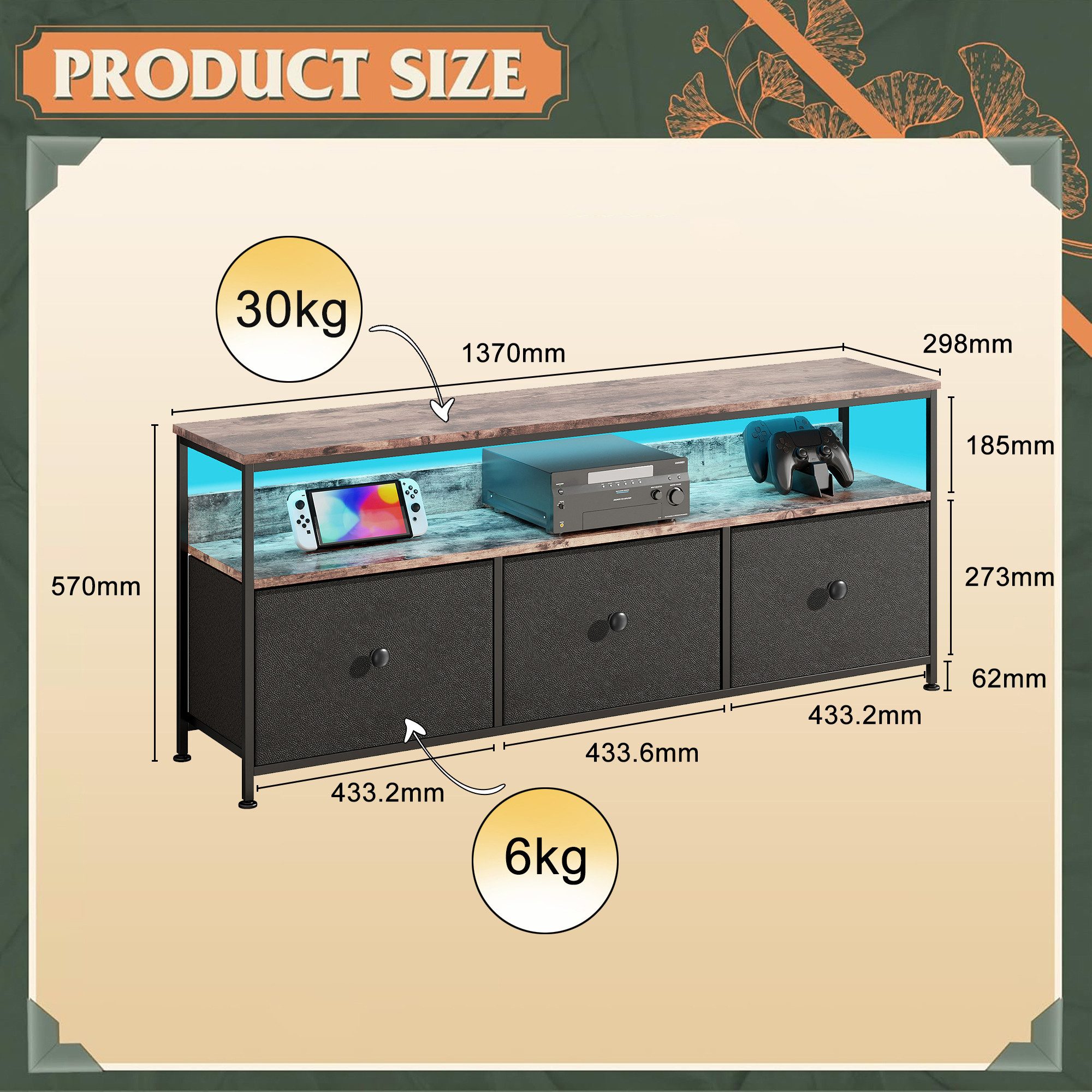 Furnishings Home Sideboard Kommode Ablagetisch LED Beistelltisch Breite 108/137 cm (137 x 29.8 x 57 cm (BxTxH), Mit Schubladen und 16-farbigen variablen LED-Leuchten
