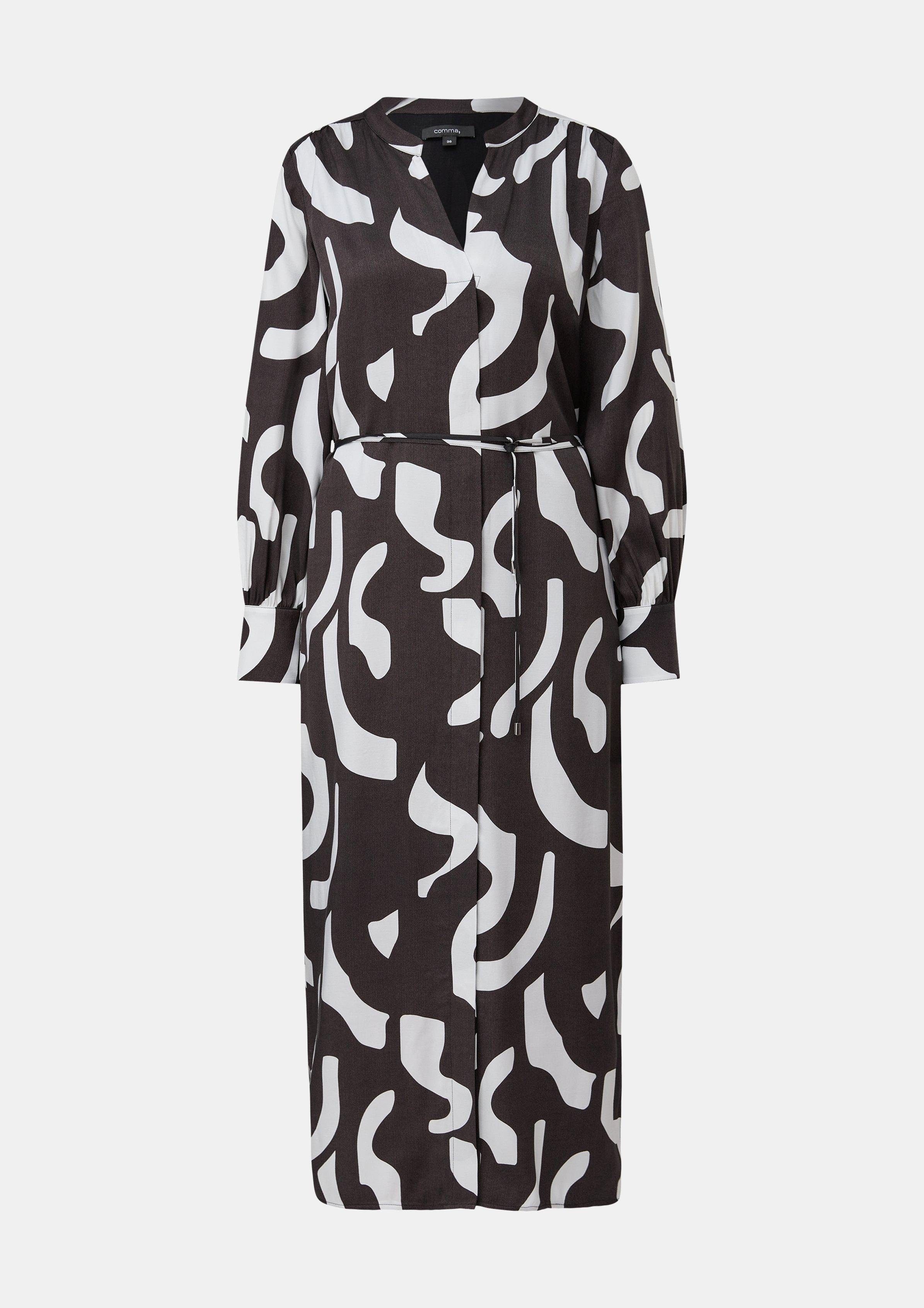 Maxikleid mit schwarz Twill-Kleid Stoffgürtel Raffung Comma