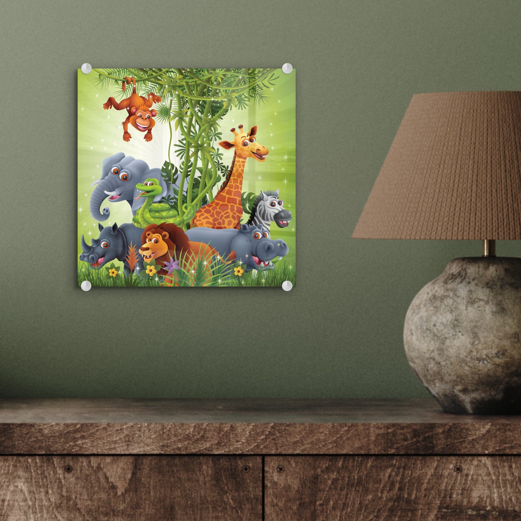 - Bilder auf Elefant - St), Foto Acrylglasbild Glas MuchoWow - - Löwe, Glasbilder Giraffe - bunt - - auf Wandbild Dschungeltiere Kinder - Wanddekoration Pflanzen Glas (1