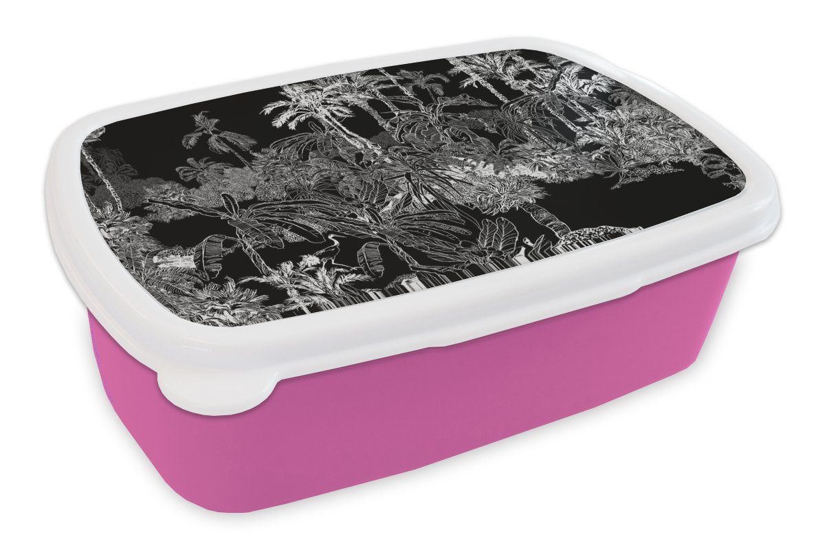 MuchoWow Lunchbox Palme - Dschungel - Tropisch, Kunststoff, (2-tlg), Brotbox für Erwachsene, Brotdose Kinder, Snackbox, Mädchen, Kunststoff rosa